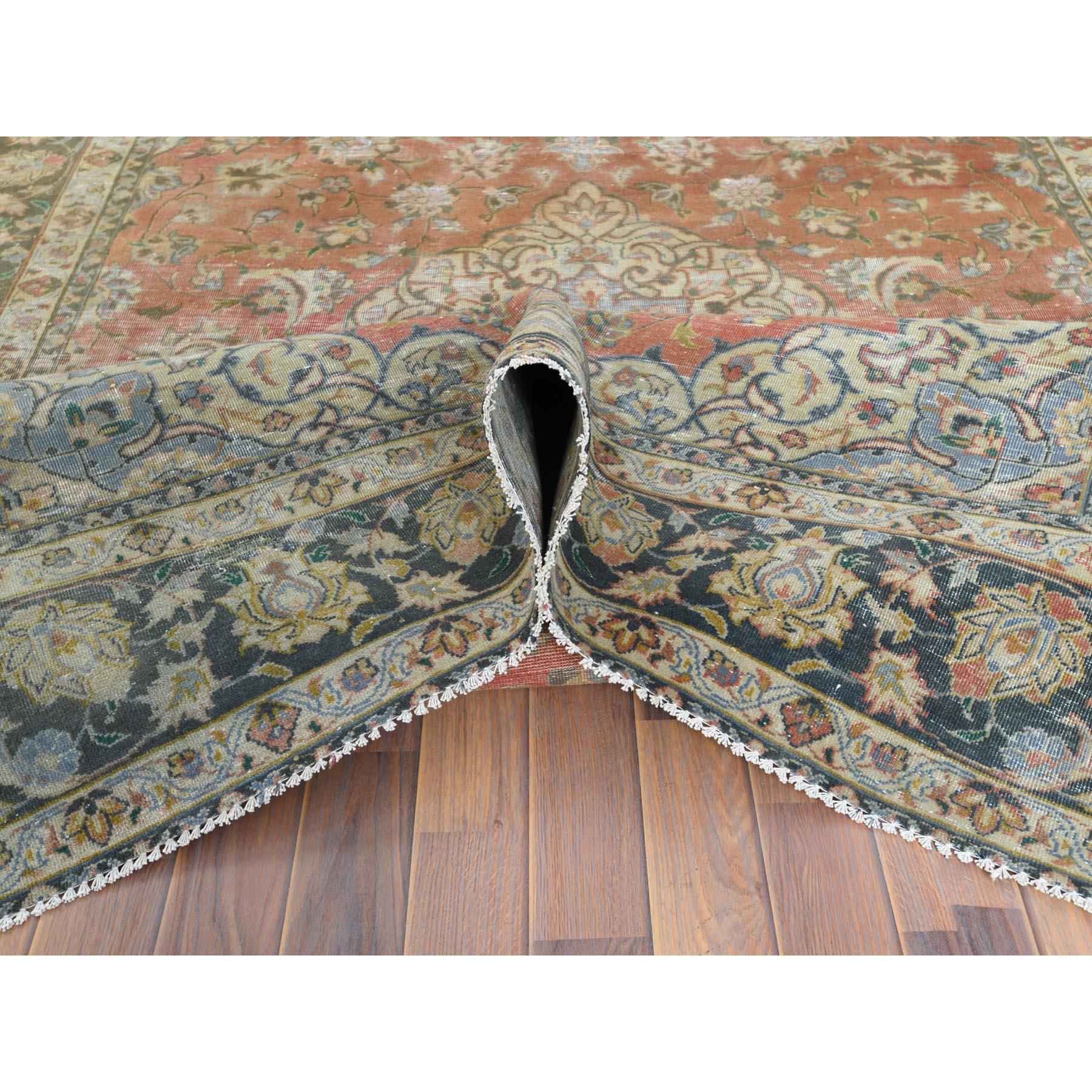 Apricot Color, Worn Wool Hand Knotted Vintage Persian Kashan Distressed Look Rug For Sale 1