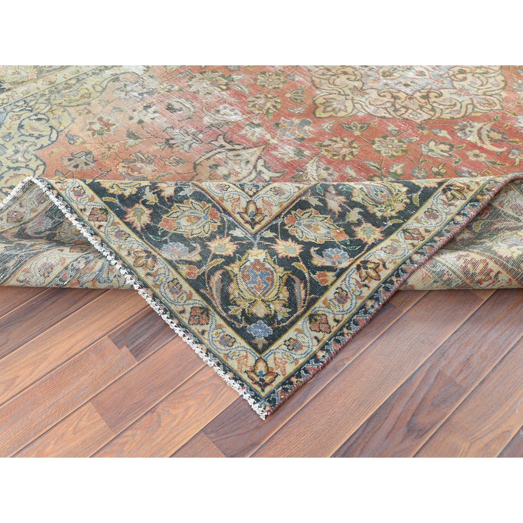 Apricot Color, Worn Wool Hand Knotted Vintage Persian Kashan Distressed Look Rug For Sale 2