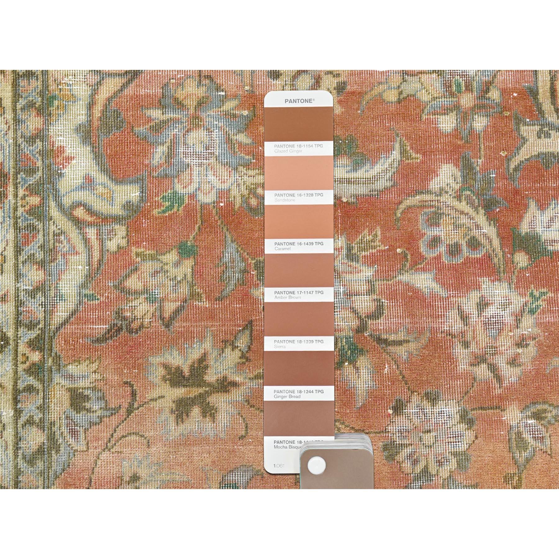 Apricot Color, Worn Wool Hand Knotted Vintage Persian Kashan Distressed Look Rug For Sale 3