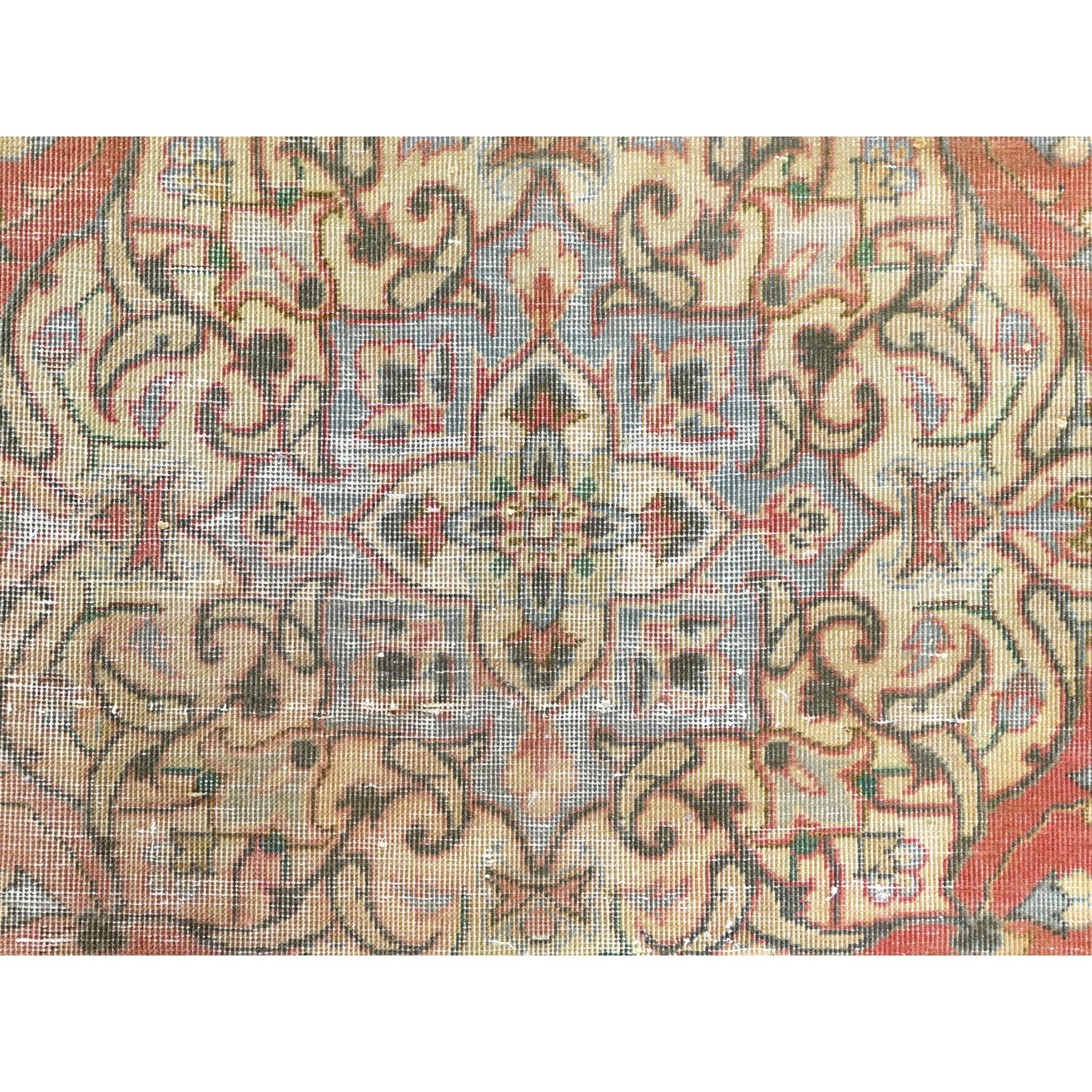 Apricot Color, Worn Wool Hand Knotted Vintage Persian Kashan Distressed Look Rug For Sale 4