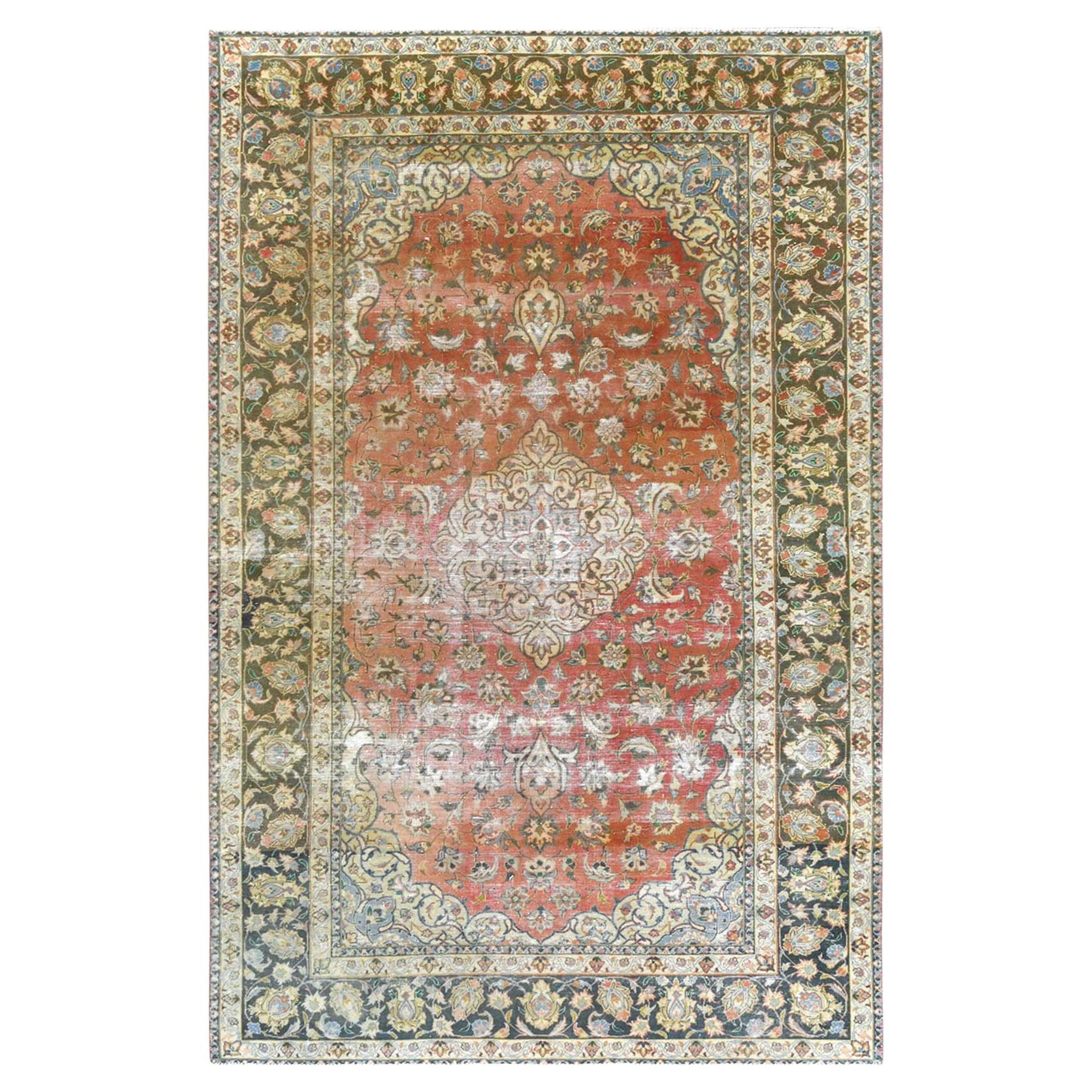 Apricot Color, Worn Wool Hand Knotted Vintage Persian Kashan Distressed Look Rug For Sale