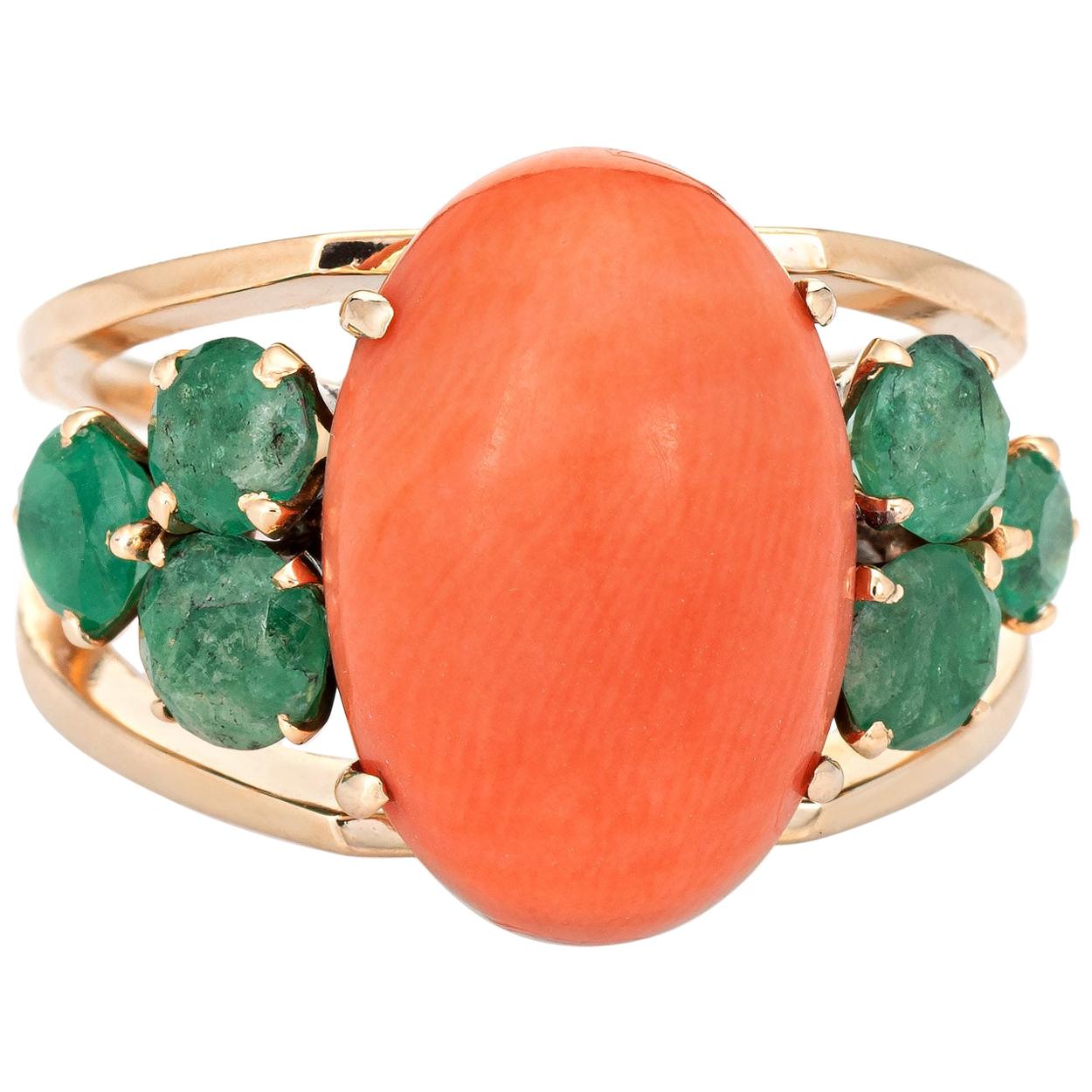 Apricot Coral Emerald Ring Vintage 18 Karat Yellow Gold Estate Fine Jewelry