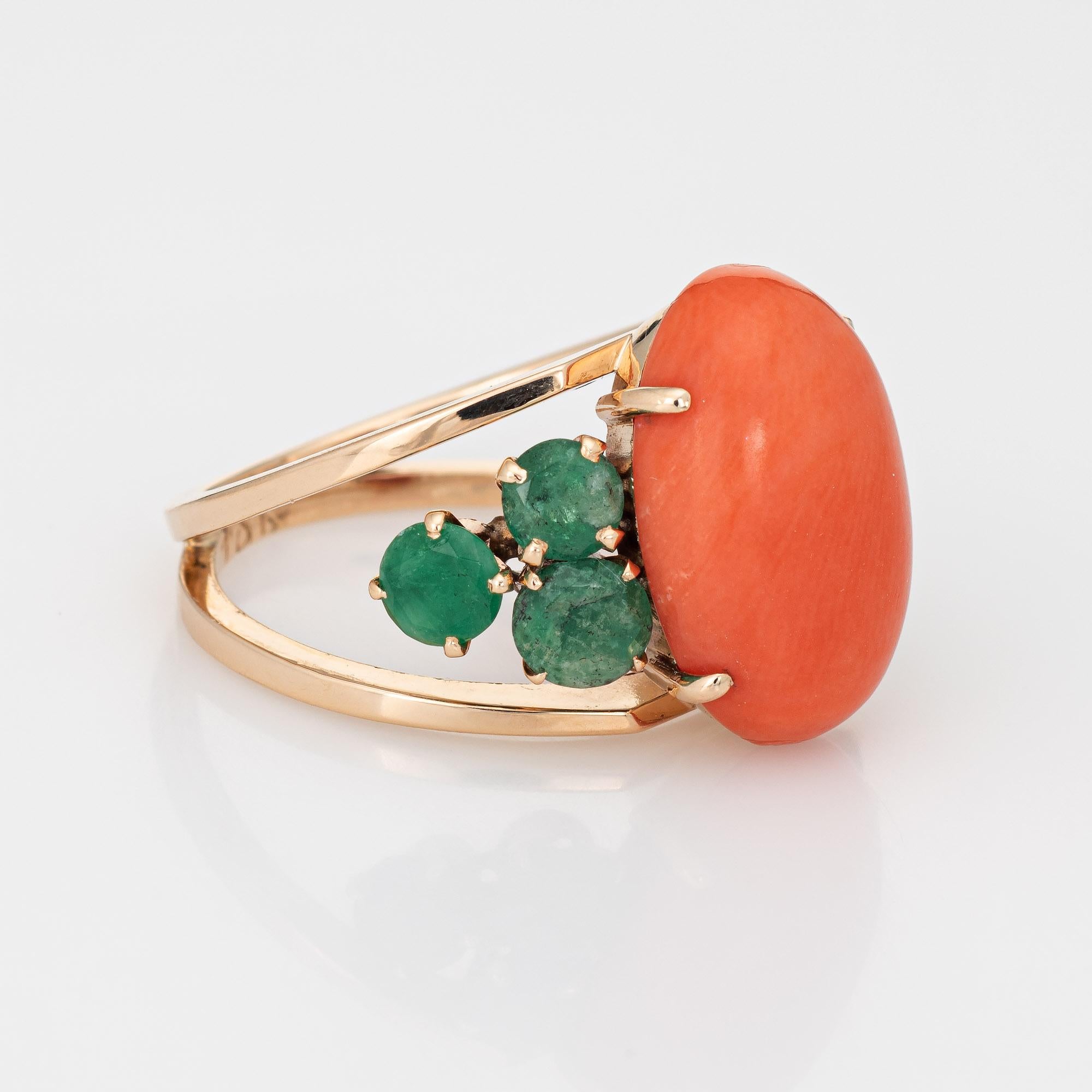 Modern Apricot Coral Emerald Ring Vintage 18 Karat Yellow Gold Estate Fine Jewelry