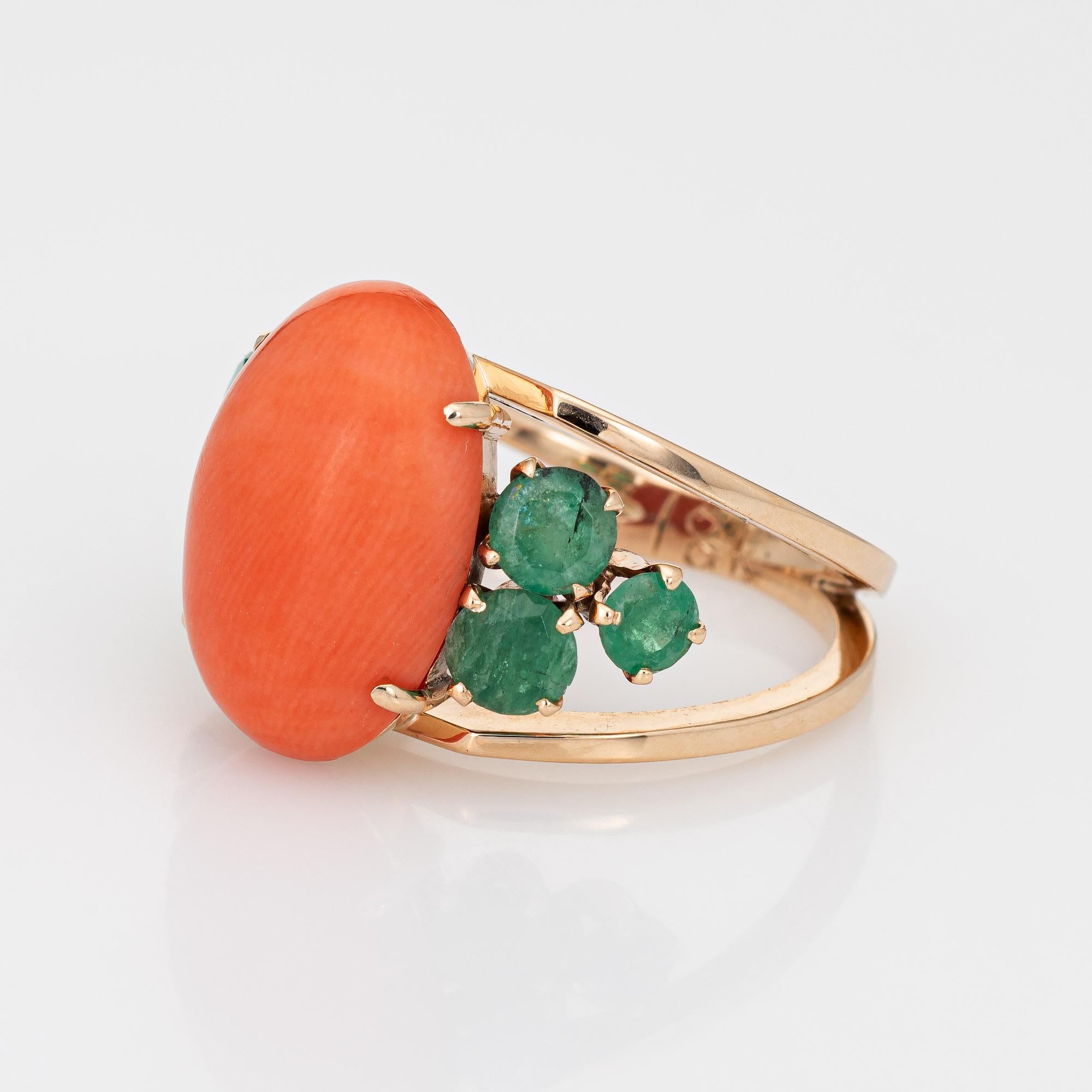 Cabochon Apricot Coral Emerald Ring Vintage 18 Karat Yellow Gold Estate Fine Jewelry