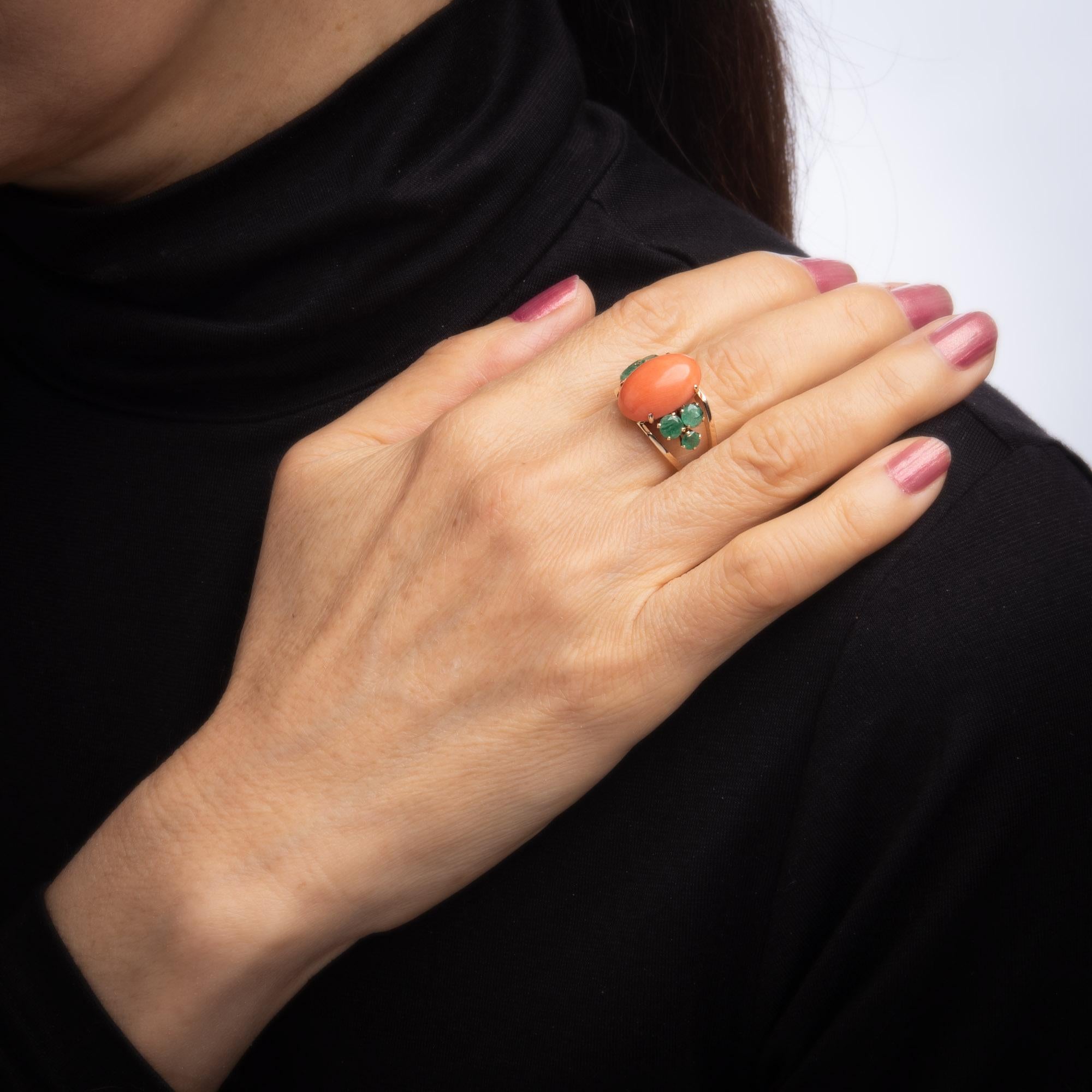 Women's Apricot Coral Emerald Ring Vintage 18 Karat Yellow Gold Estate Fine Jewelry