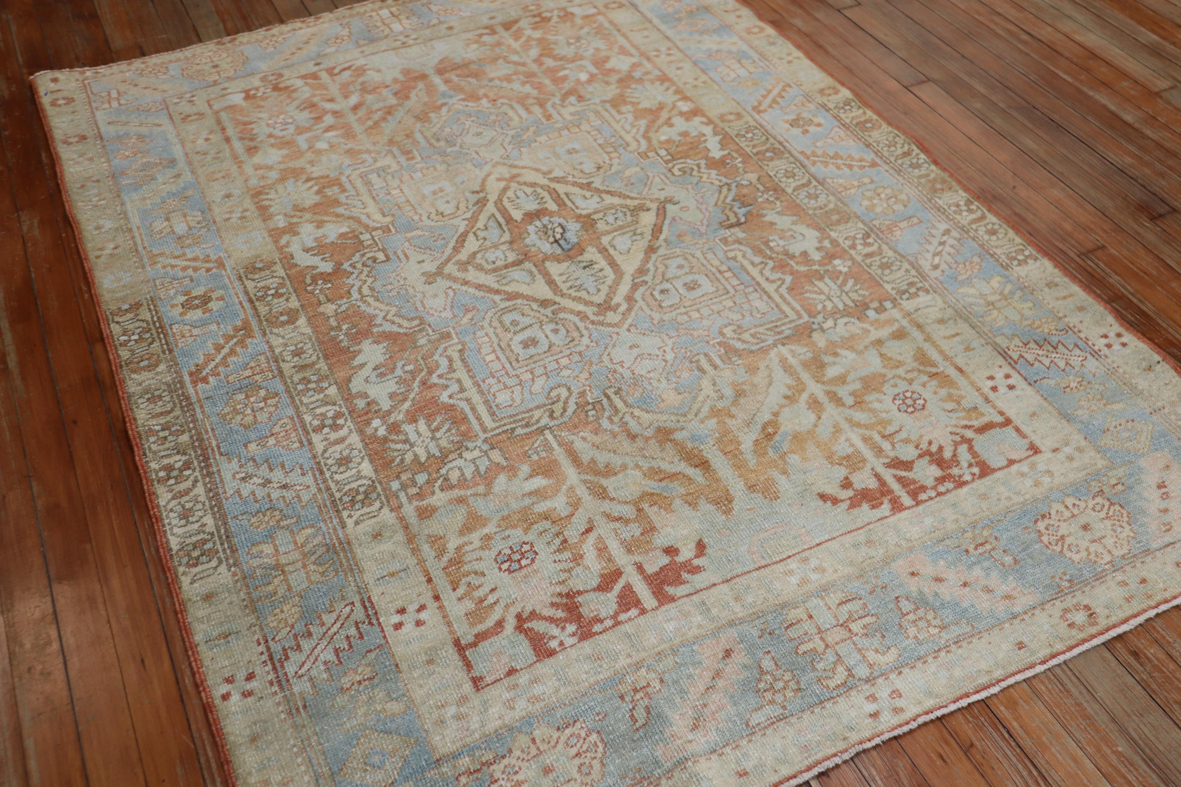 Rustic Apricot Soft Blue Traditional Persian Heriz For Sale