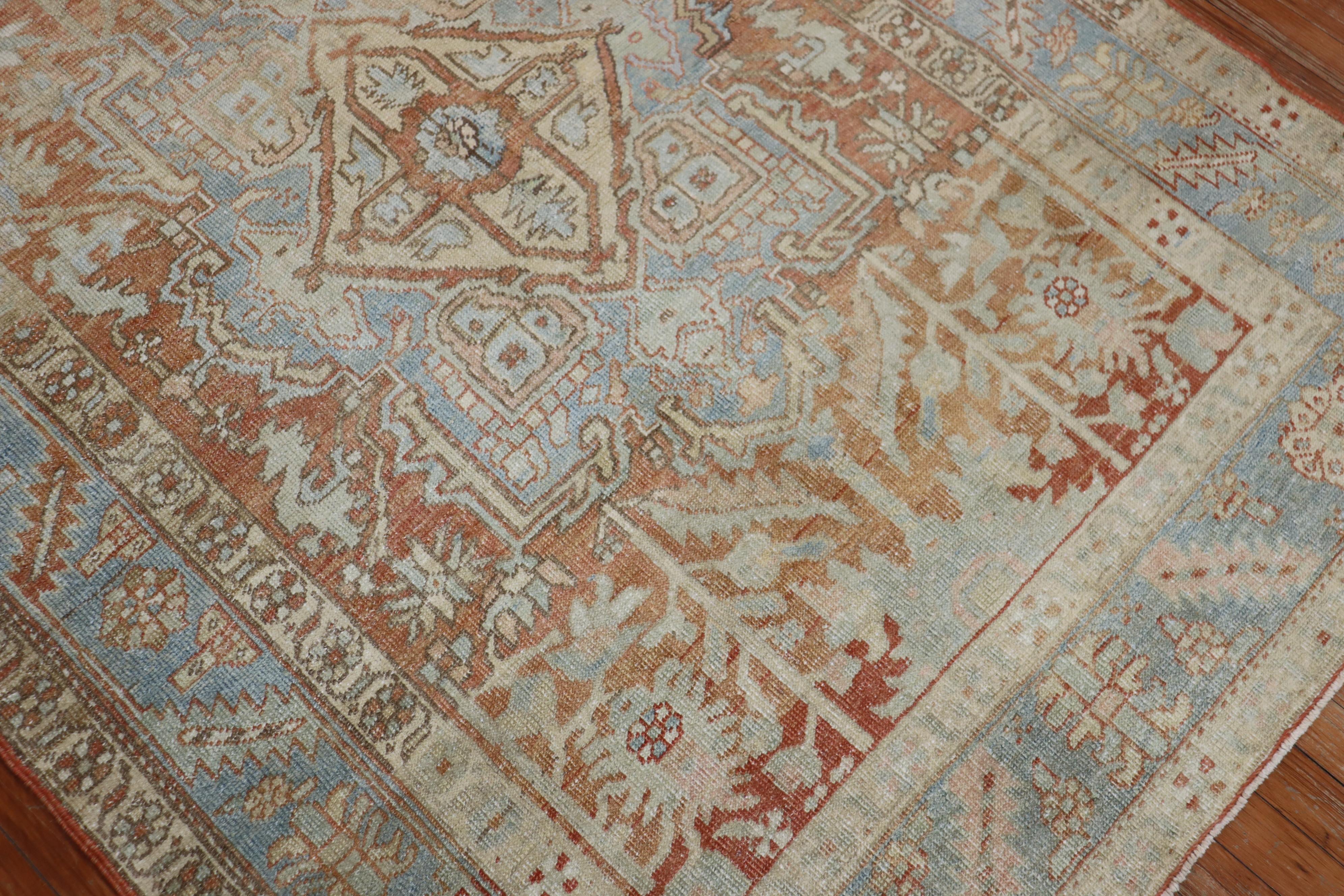 Hand-Woven Apricot Soft Blue Traditional Persian Heriz For Sale