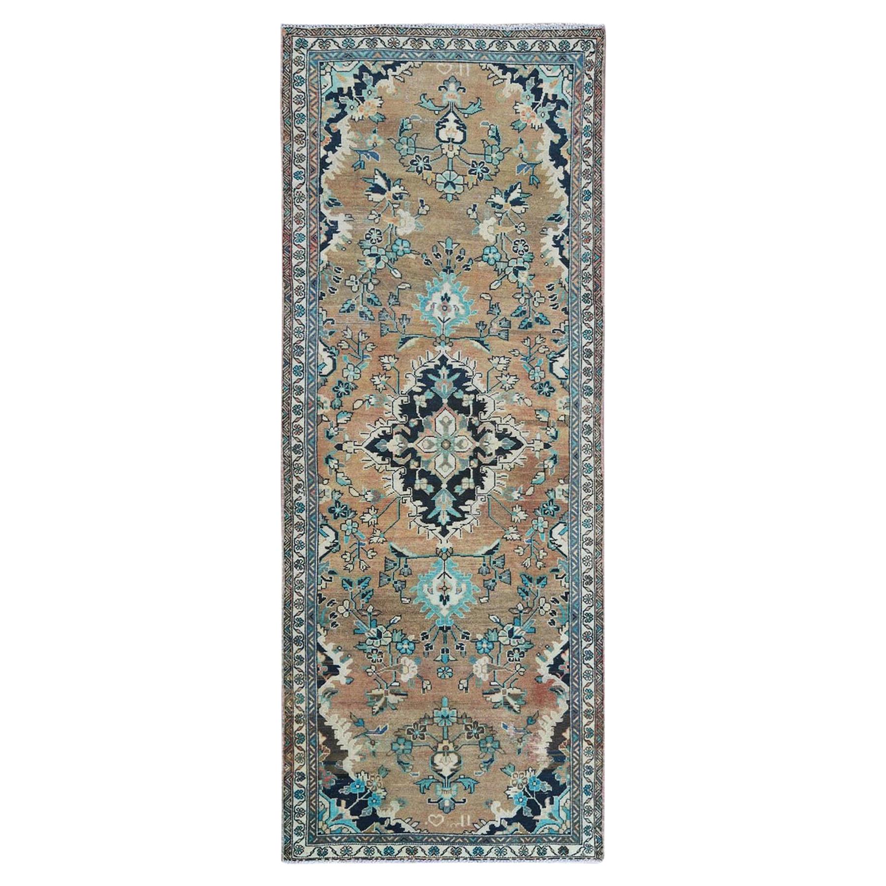 Apricot Vintage Medallion Design Persian Lilahan Hand Knotted Worn Wool Rug For Sale