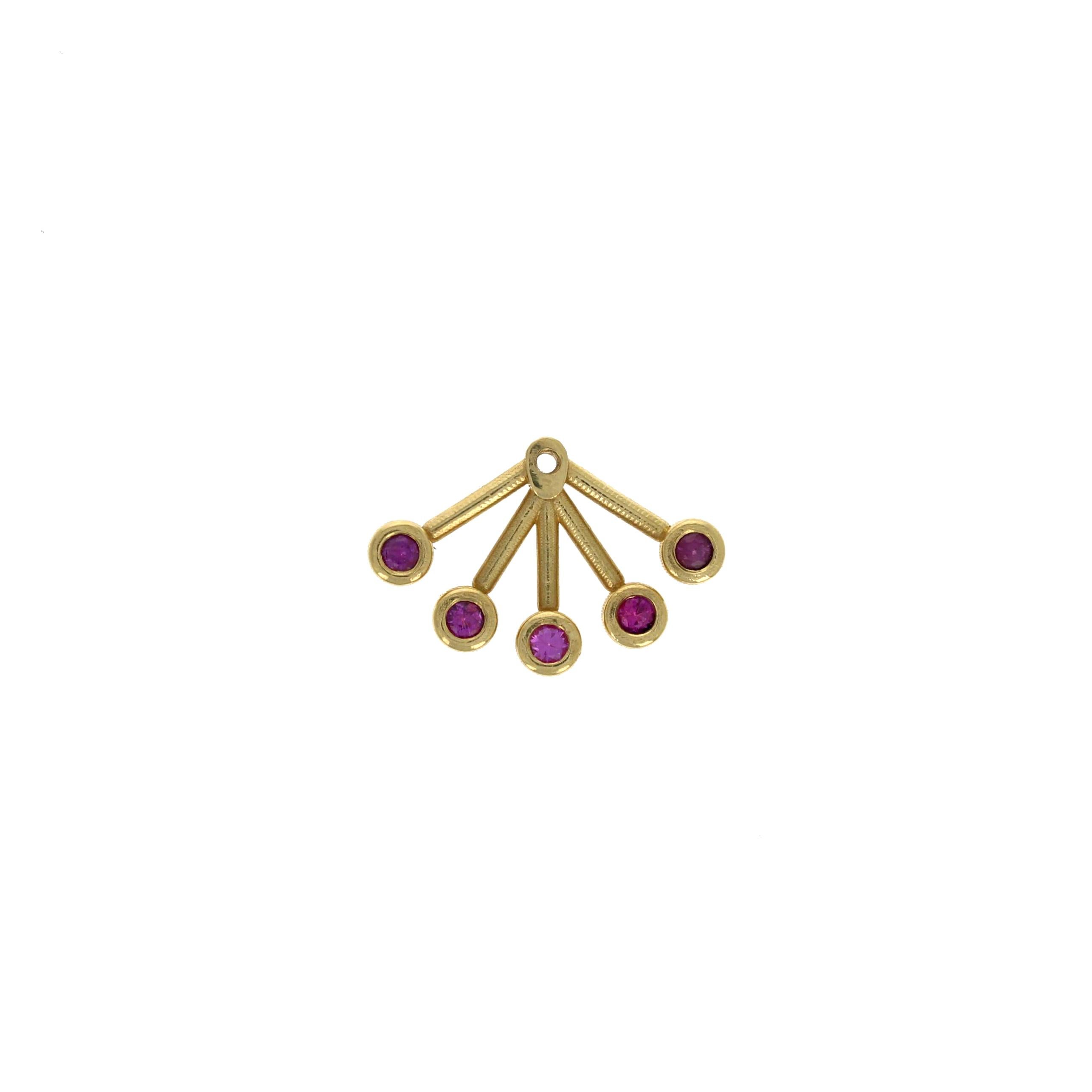 The April ear jacket is made with bright pink sapphires set in 18kt yellow gold. Add these to the backs of your favorite studs for some added color!

• 18kt yellow gold 
• Pink sapphires ~ 0.60ct TW 

Please note that due to the handmade nature,