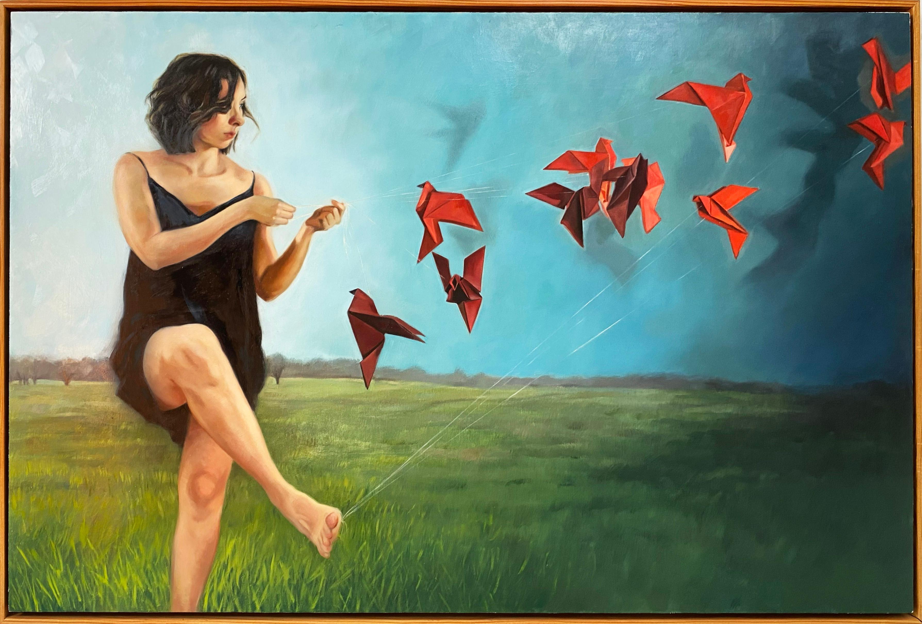 This framed 24" x 36" oil painting on wood panel by Oklahoma-based artist April Dawes depicts a figure flying a flock of red paper birds. Like many of Dawes's work, this piece is dreamlike and bridges the gap between the fantastical and