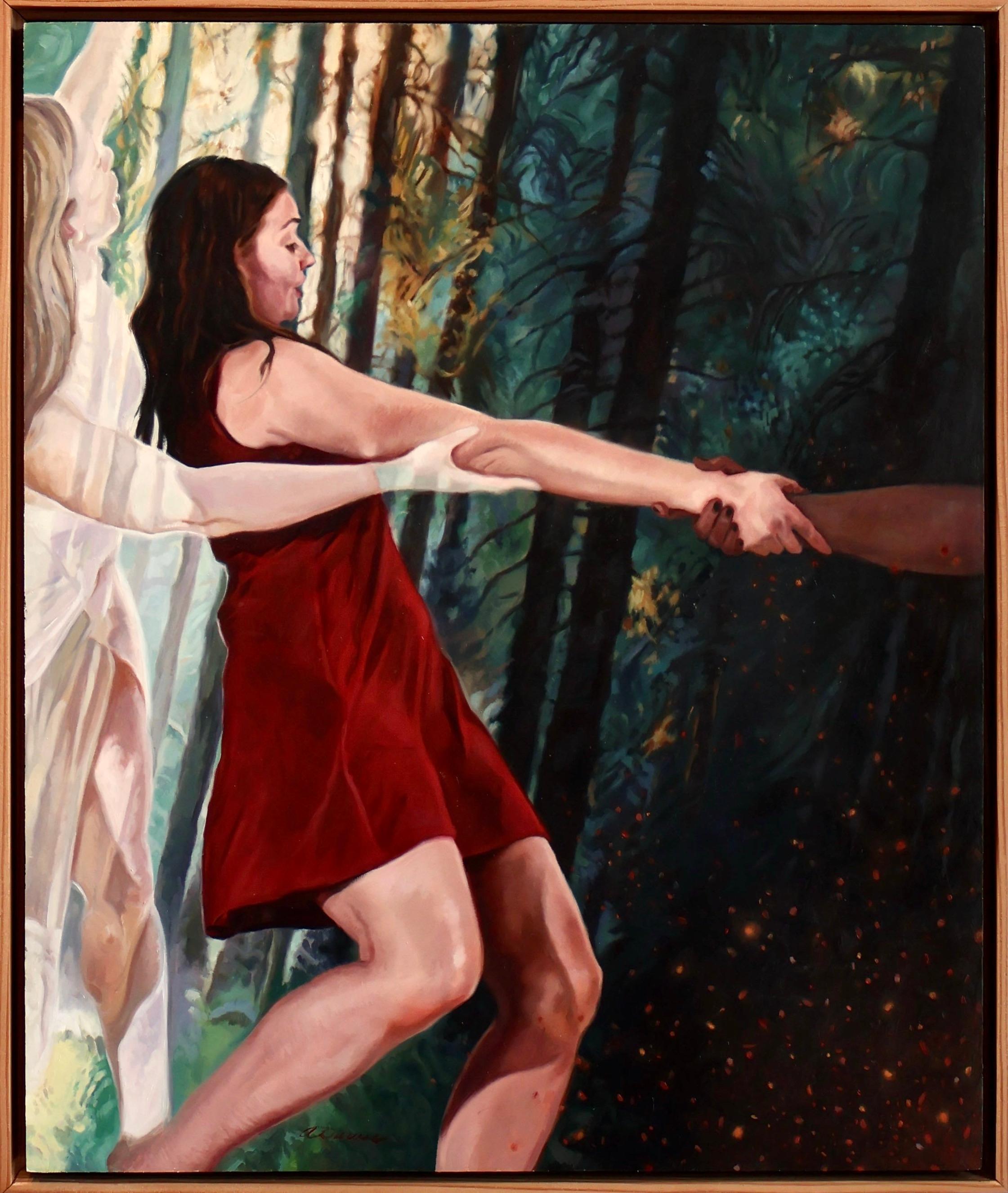 This 25.5" x 20" x 2.5" oil on panel work by Oklahoma-based artist April Dawes features three figures with the central figure, clothed in a deep red dress, being portrayed as someone unable to resist the urge to follow the siren until their own