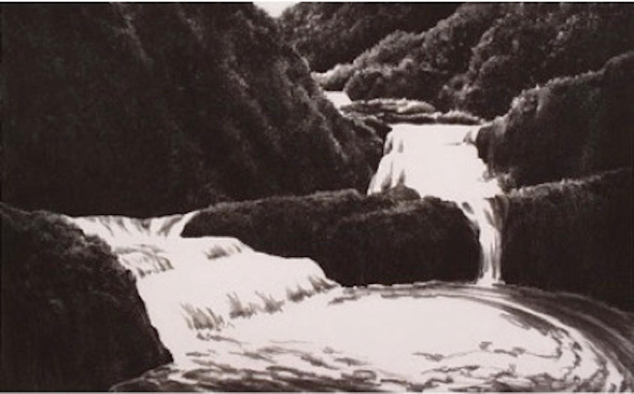 Cascading Waterfall (B&W SERENE WATERFALL IN FOREST LANDSCAPE) - Print by April Gornik