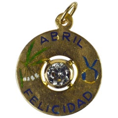 Vintage April Happiness Yellow Gold Enamel Spinel Taurus Zodiac Birthstone Charm Pendant