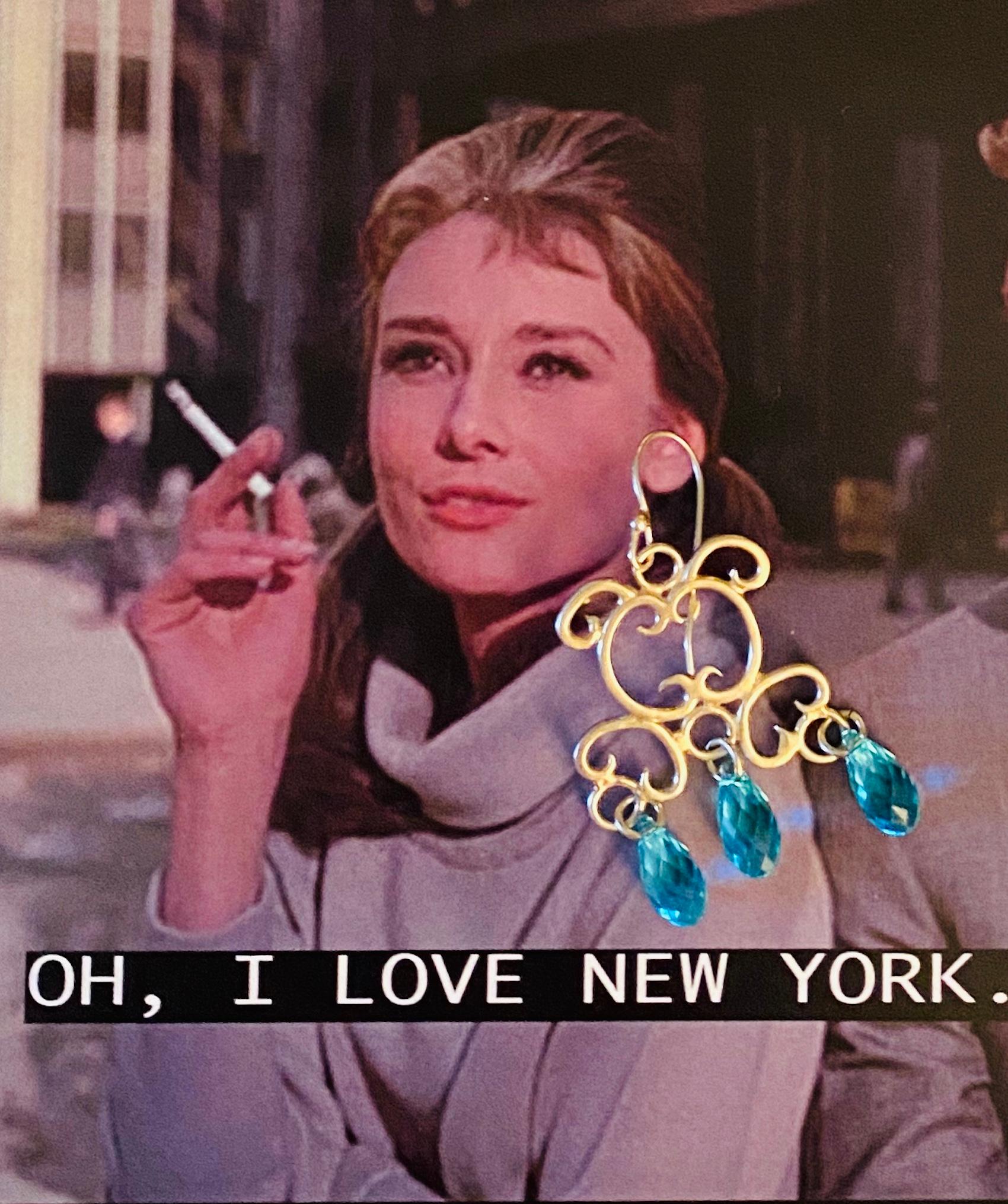 Stunning Gold Vermeil Chandelier Earrings with Teal Swarovski Crystals from April in Paris designs. If you love New York you will most definitely love these earrings designed by 
Merideth McGregor. Available in Sterling Silver, 18K Gold, and an