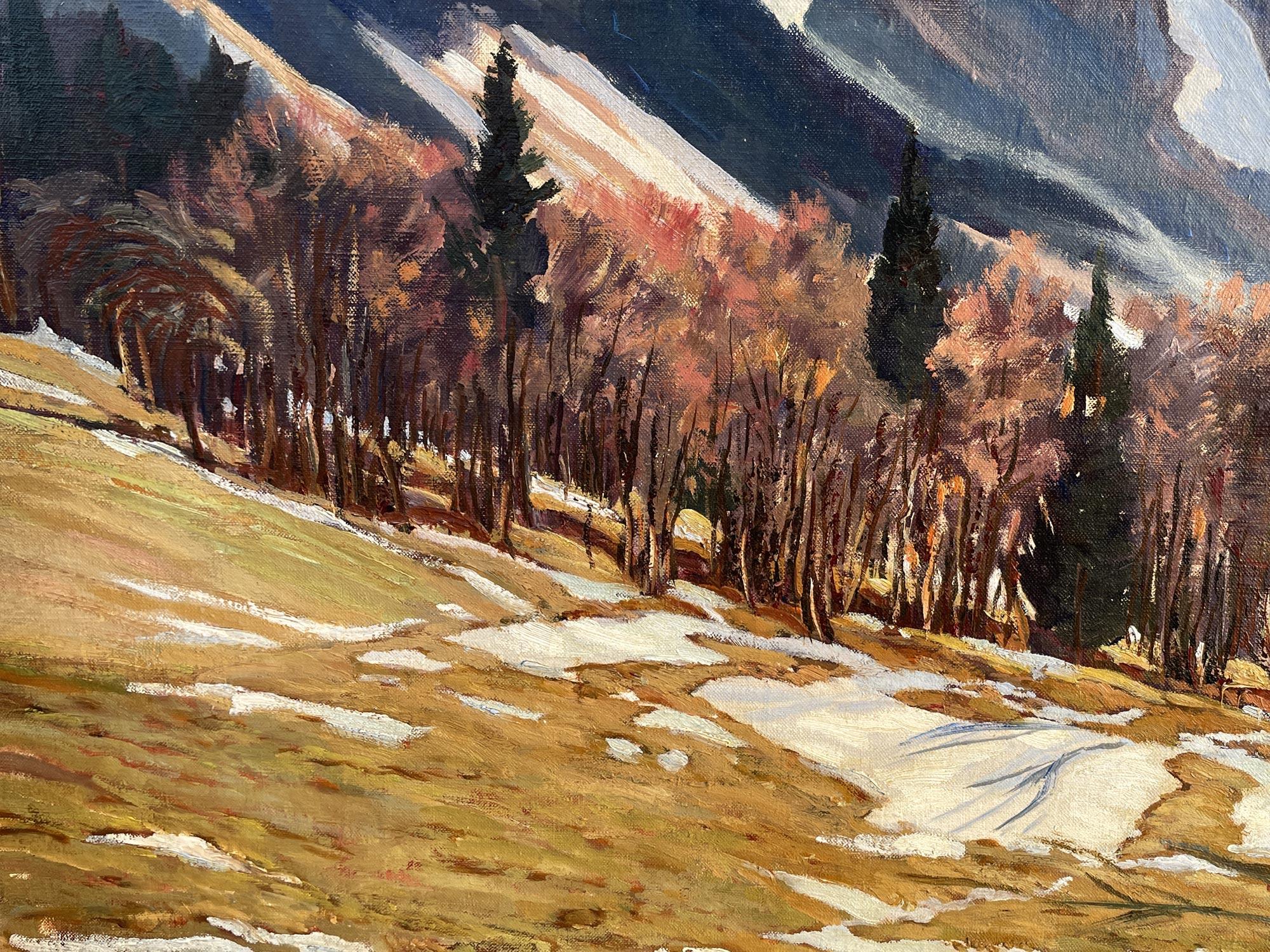 April in the mountains – Oil on Canvas by Fritz Schwaiger - 1920 In Good Condition For Sale In Albignasego, IT