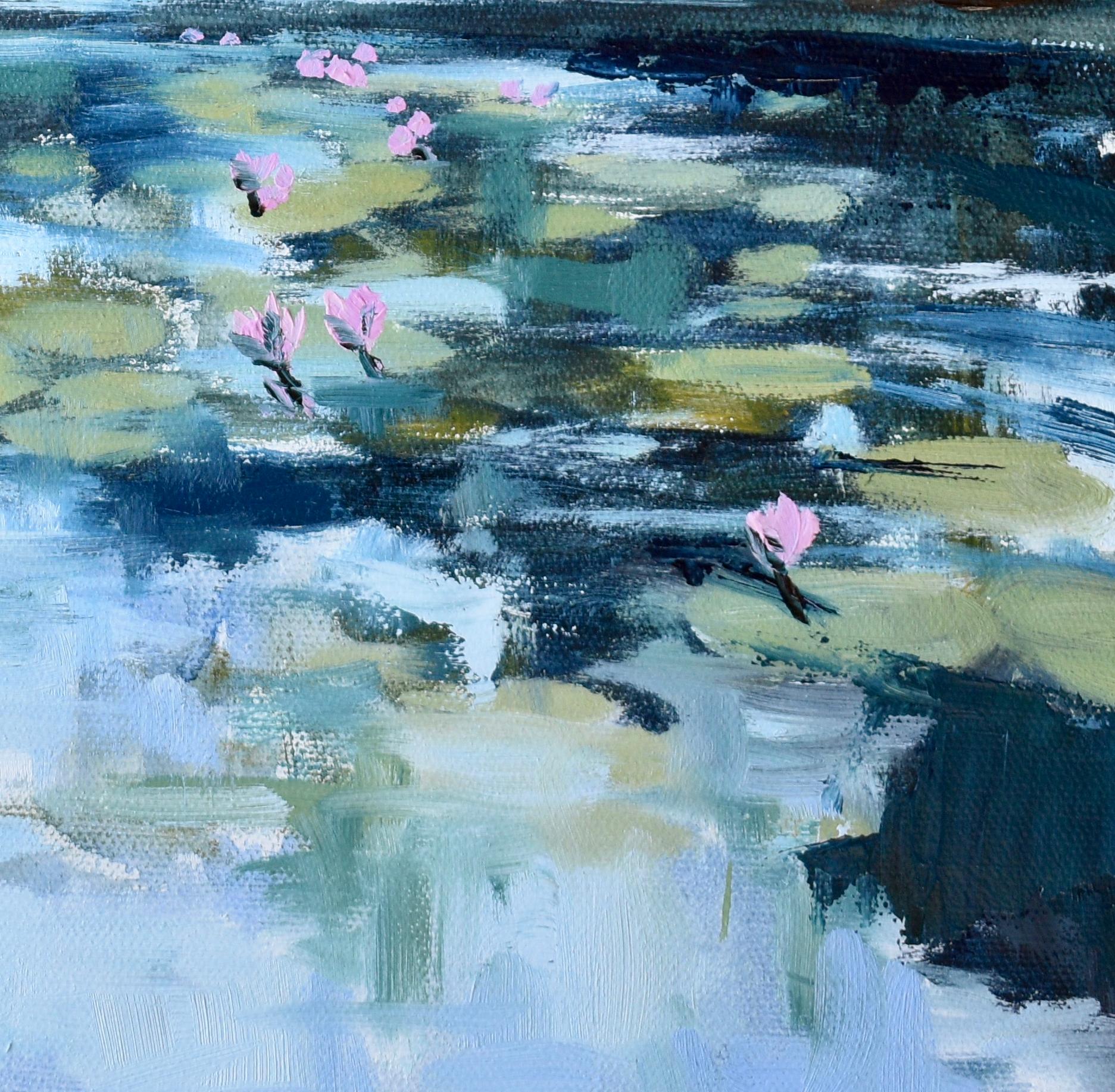 Lily Pond at Brookgreen Gardens, peinture à l'huile impressionniste originale d'un paysage - Bleu Landscape Painting par April Moffatt