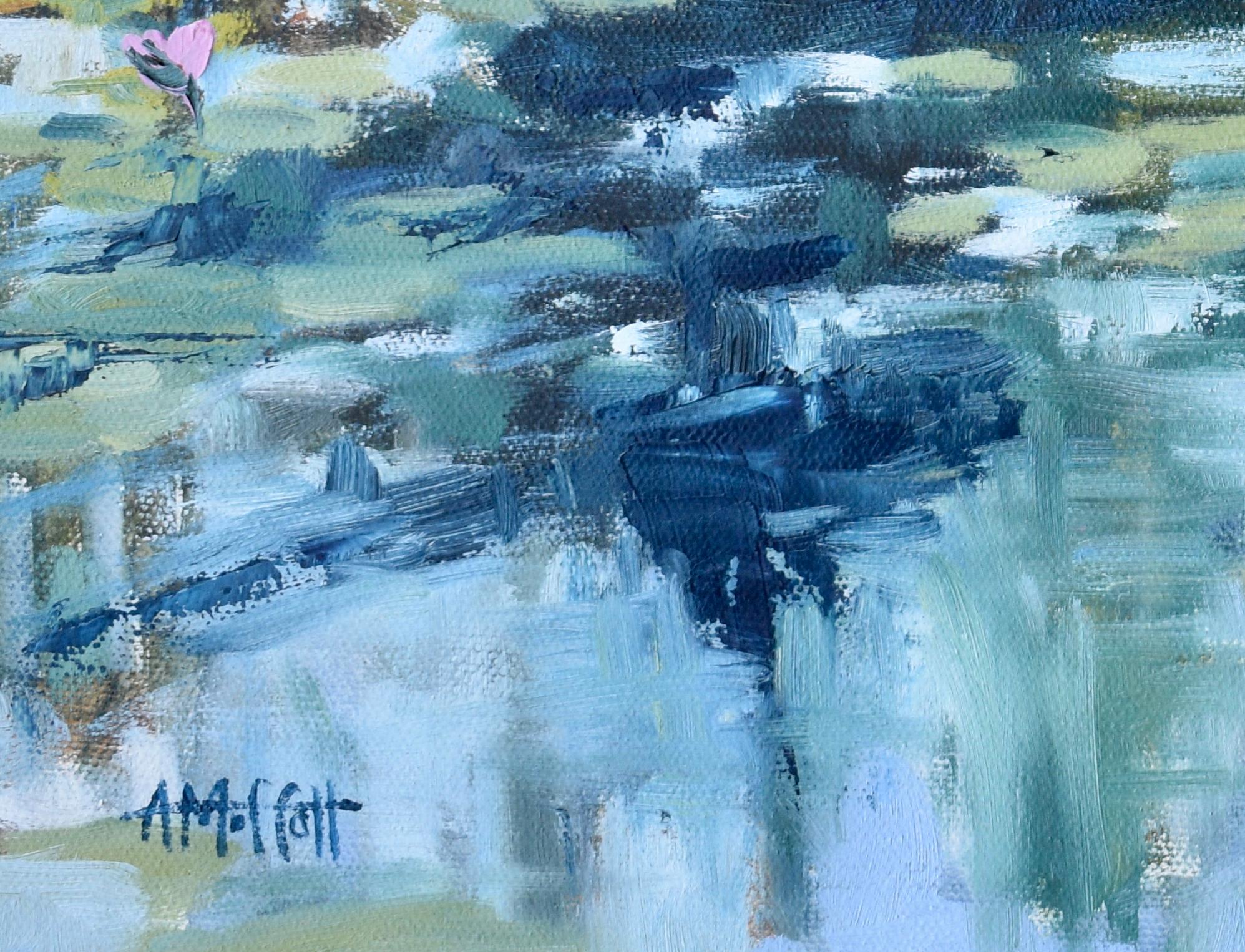 Lily Pond at Brookgreen Gardens, Original Impressionist Landscape Oil Painting - Blue Landscape Painting by April Moffatt