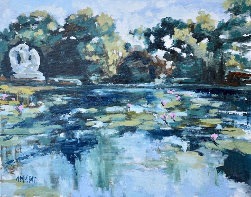 April Moffatt Landscape Painting - Lily Pond at Brookgreen Gardens, Original Impressionist Landscape Oil Painting