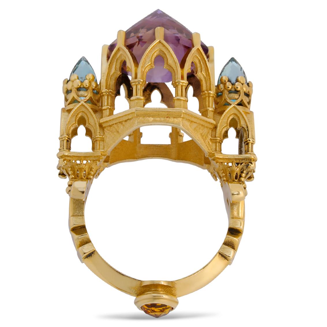 Gothic Revival  Ametrine, Blue Topaz & Sapphire gold ring  For Sale