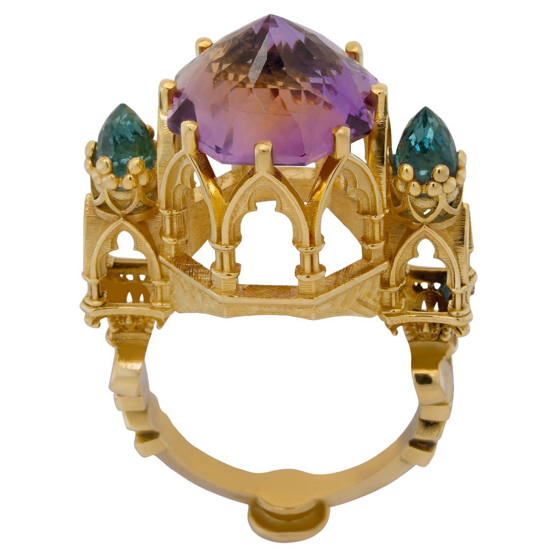  Ametrine, Blue Topaz & Sapphire gold ring  For Sale