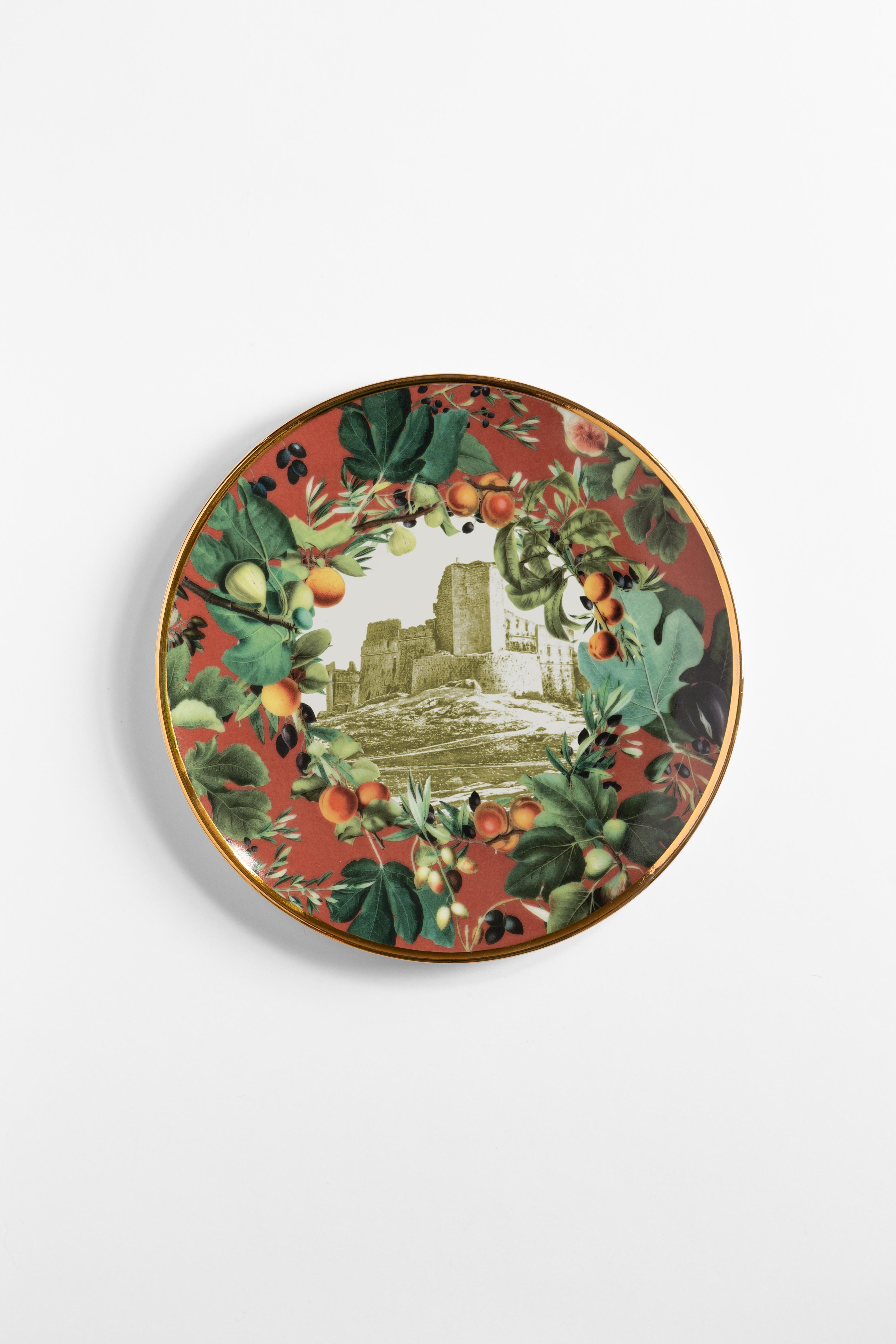 Italian Apulia, Seven Contemporary Porcelain Dessert Plates with Decorative Design For Sale