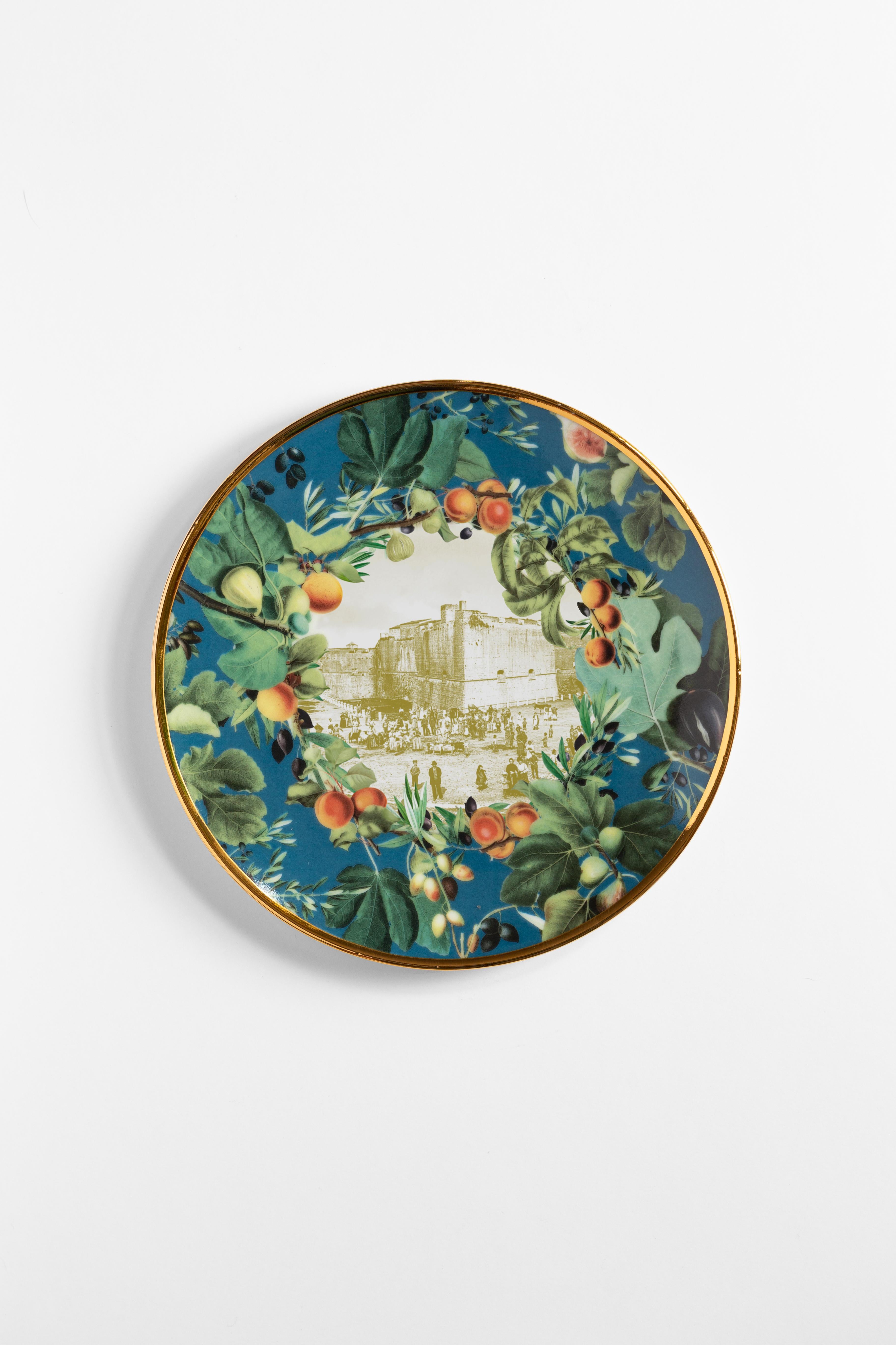 Apulia, Seven Contemporary Porcelain Dessert Plates with Decorative Design For Sale 1