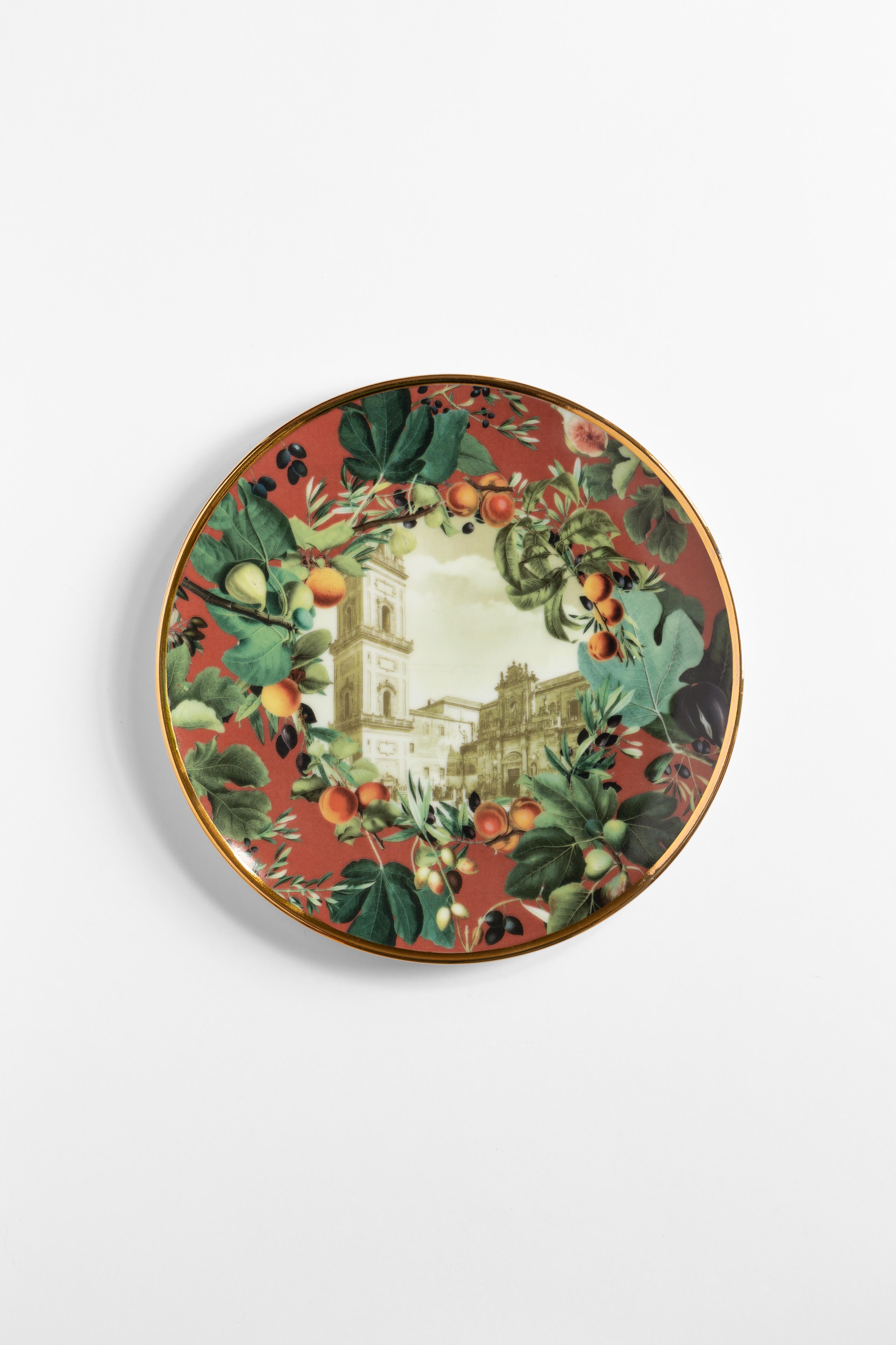 Apulia, Seven Contemporary Porcelain Dessert Plates with Decorative Design For Sale 2