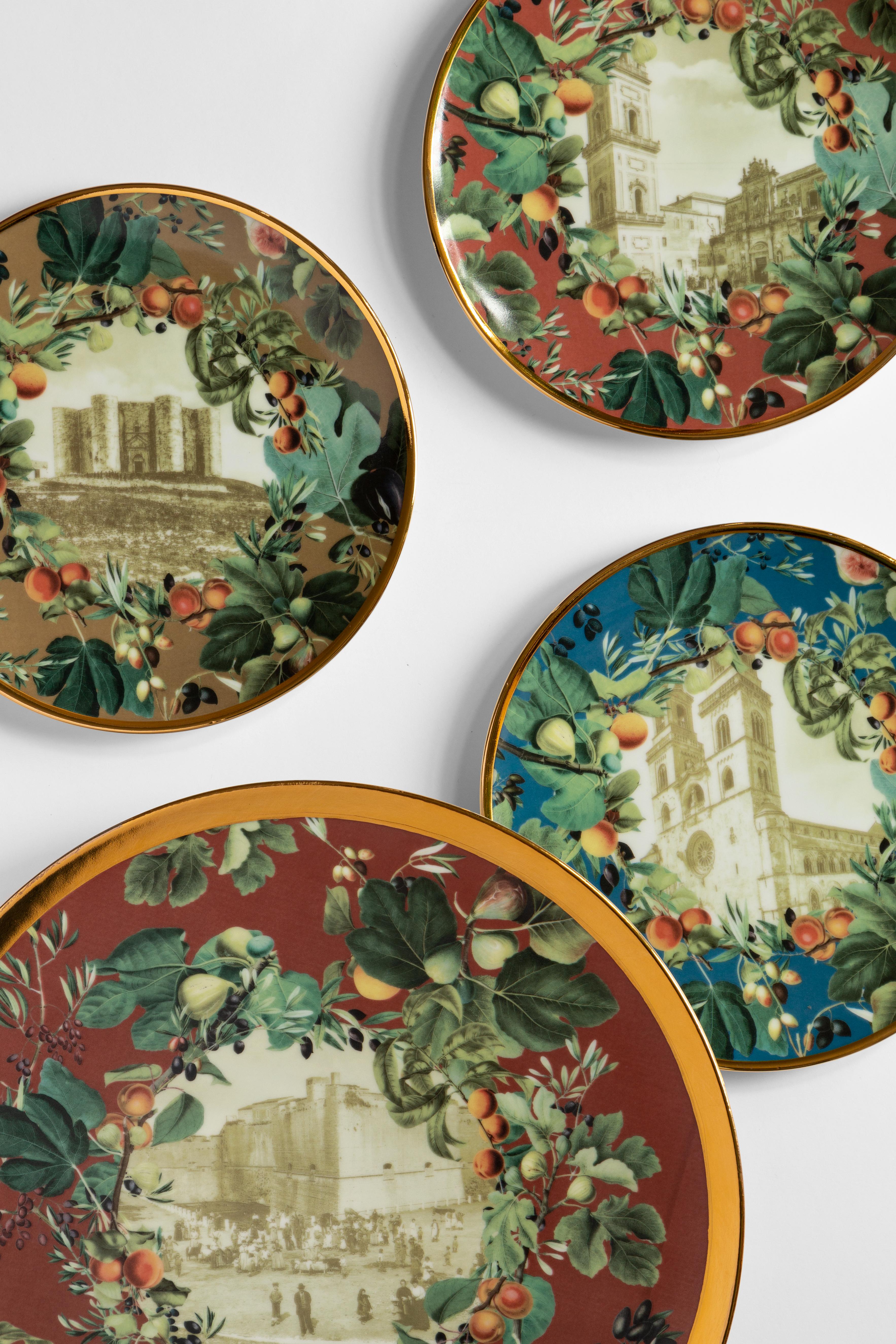 Apulia, Seven Contemporary Porcelain Dessert Plates with Decorative Design For Sale 4