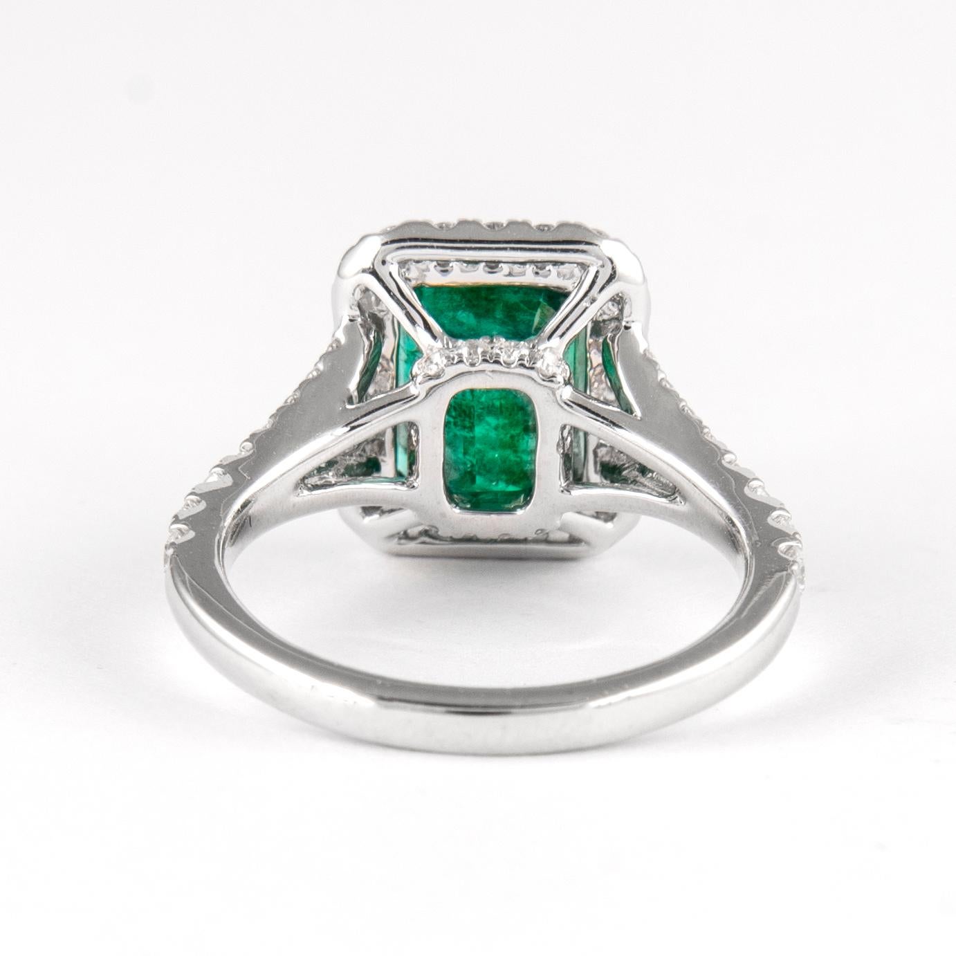 Apx 2.50ct Emerald with Diamond Halo Ring 18k White Gold In New Condition For Sale In BEVERLY HILLS, CA