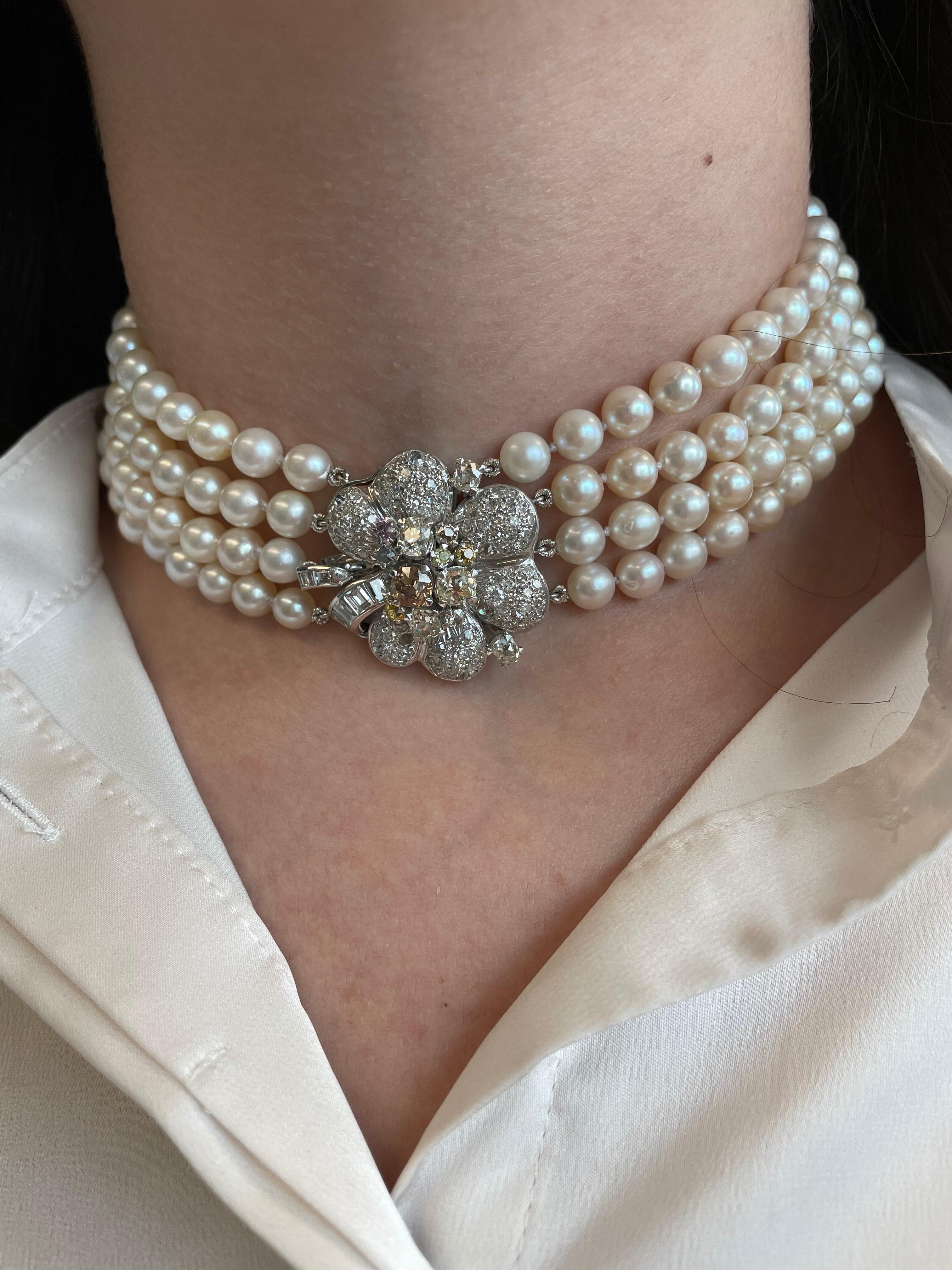 Stunning pearl  with floral diamond design choker.
Approximately 7.80 carats of color and colorless diamonds. White diamonds approximately G/H color and VS2/SI1 clarity. 18-karat white gold.
*Undetermined whether or not the color diamonds are
