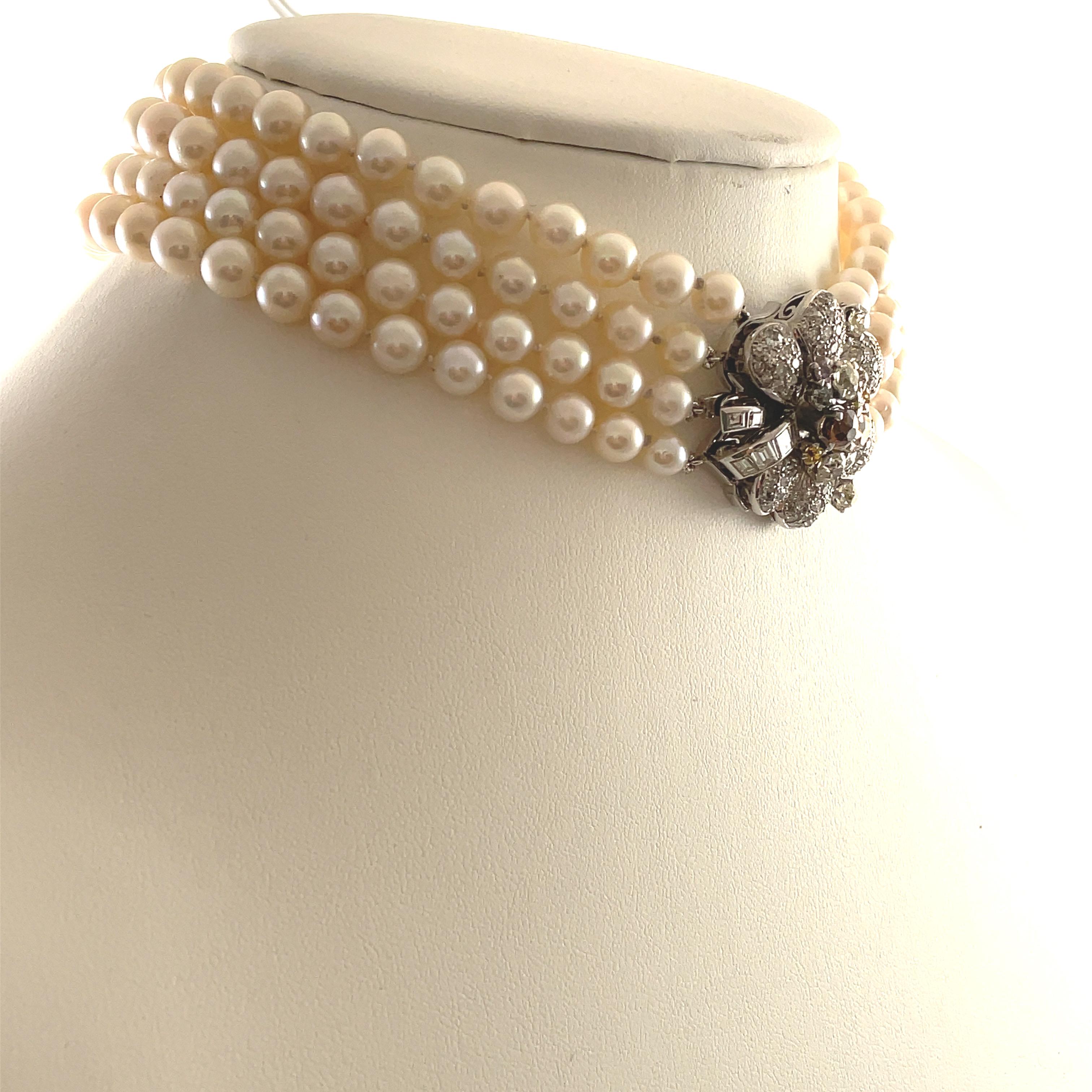Apx 7,80 Karat mehrfarbige Diamanten und Perlen Choker Halskette 18k Weißgold (Zeitgenössisch) im Angebot