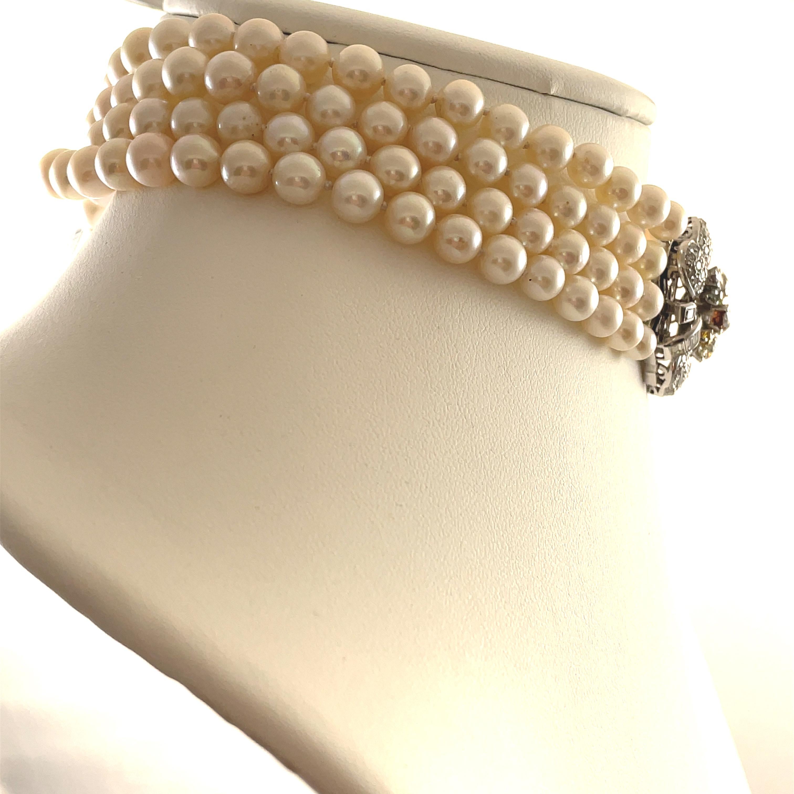 Apx 7,80 Karat mehrfarbige Diamanten und Perlen Choker Halskette 18k Weißgold (Rundschliff) im Angebot
