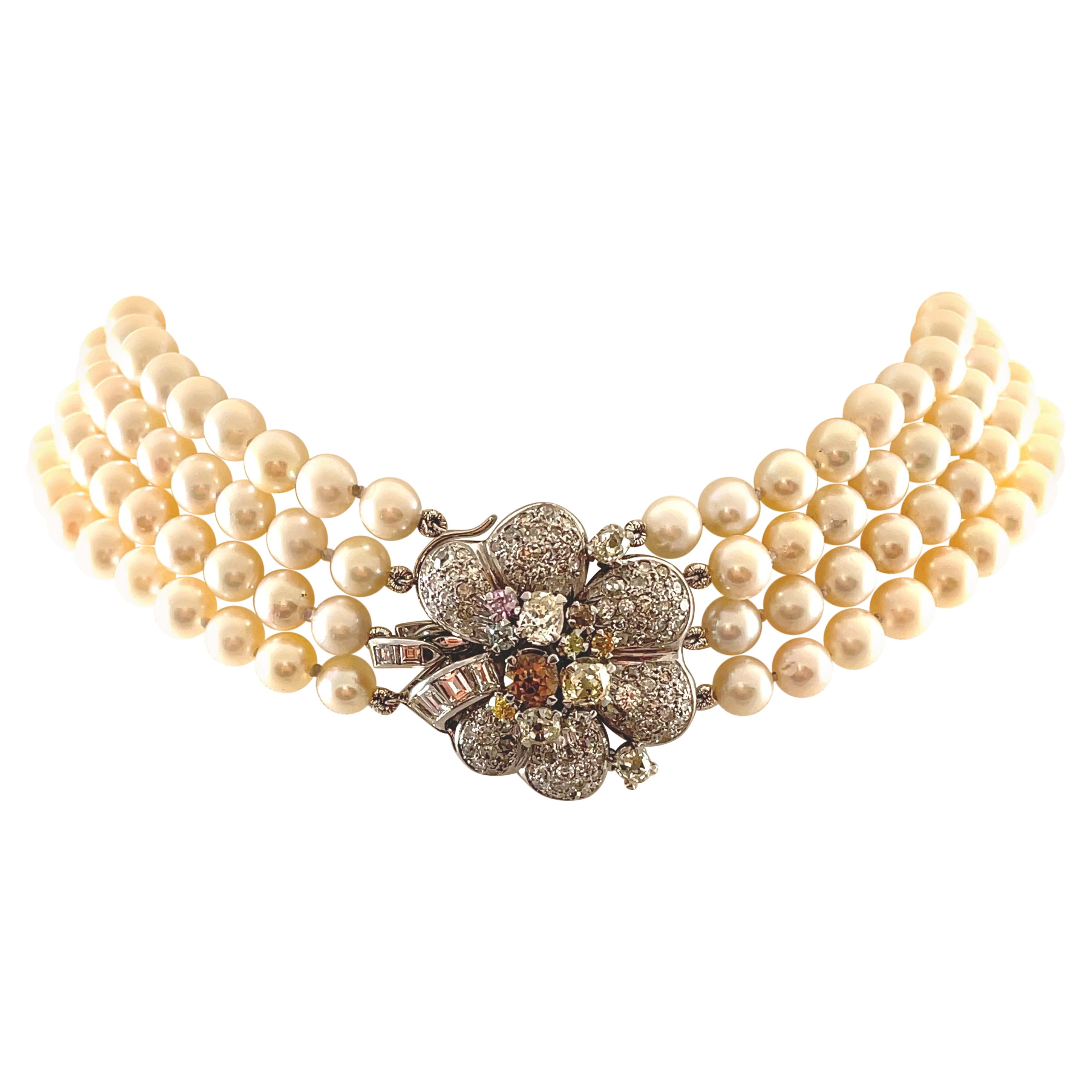 Apx 7,80 Karat mehrfarbige Diamanten und Perlen Choker Halskette 18k Weißgold im Angebot