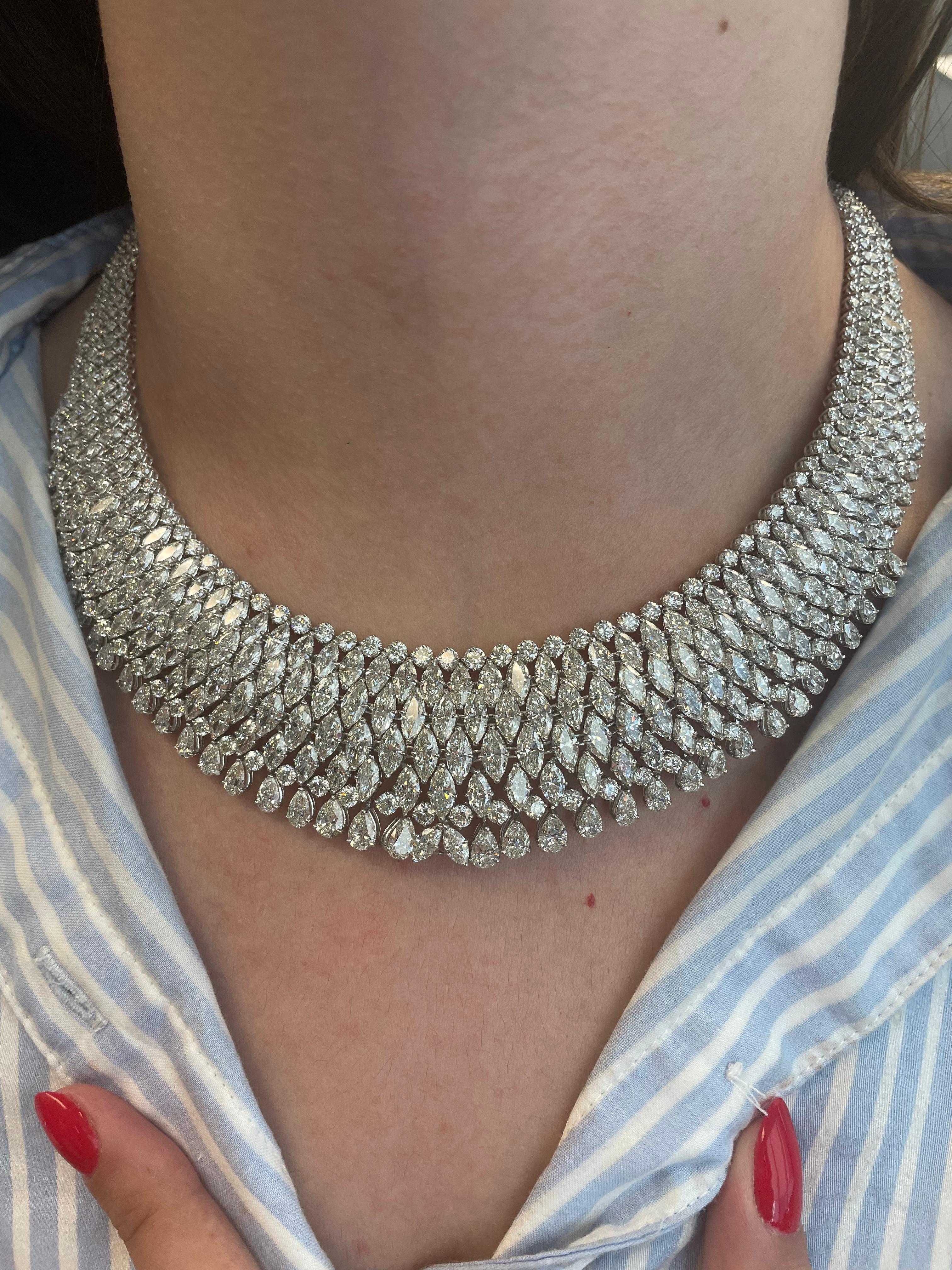 Sensational grand diamond high jewelry necklace studded with hundreds of diamonds.
Approximately 82 carats of marques, round, and pear cut diamond. Approximately H/I color and VS clarity. Primarily marques diamonds complimented by round brilliant