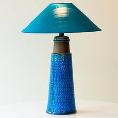 Aqua and Brown Ceramic Table Lamp, Blue Silk Lampshade by R. Houben, 1950