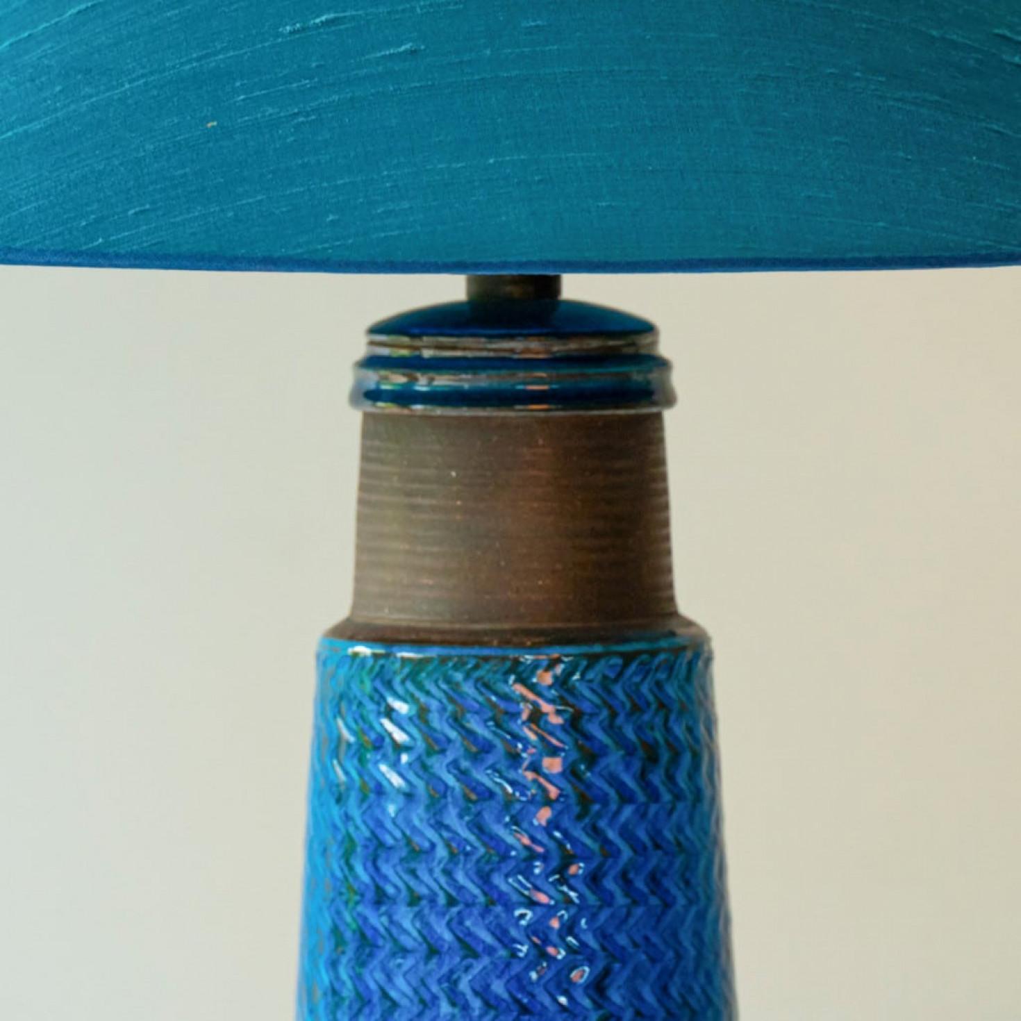 Ceramica Aqua and Brown Ceramic Table Lamp, Blue Silk Lampshade by R. Houben, 1950 in vendita