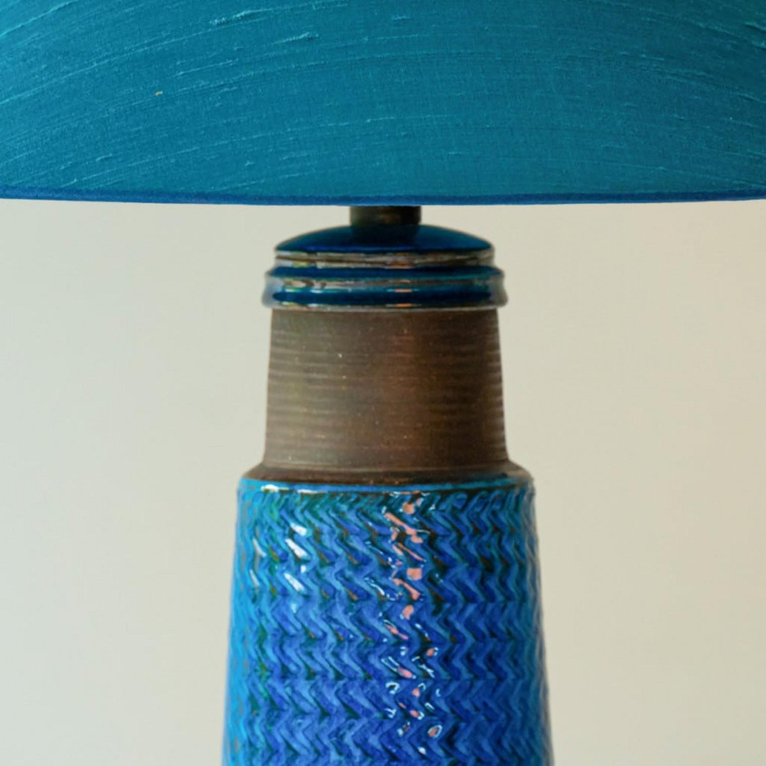 Aqua and Brown Ceramic Table Lamp, Blue Silk Lampshade by R. Houben, 1950 For Sale 1