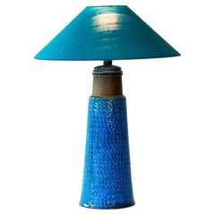Aqua and Brown Ceramic Table Lamp, Blue Silk Lampshade by R. Houben, 1950
