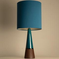 Aqua and Brown Ceramic Table Lamp, Silk Blue Lampshade by R. Houben, 1950