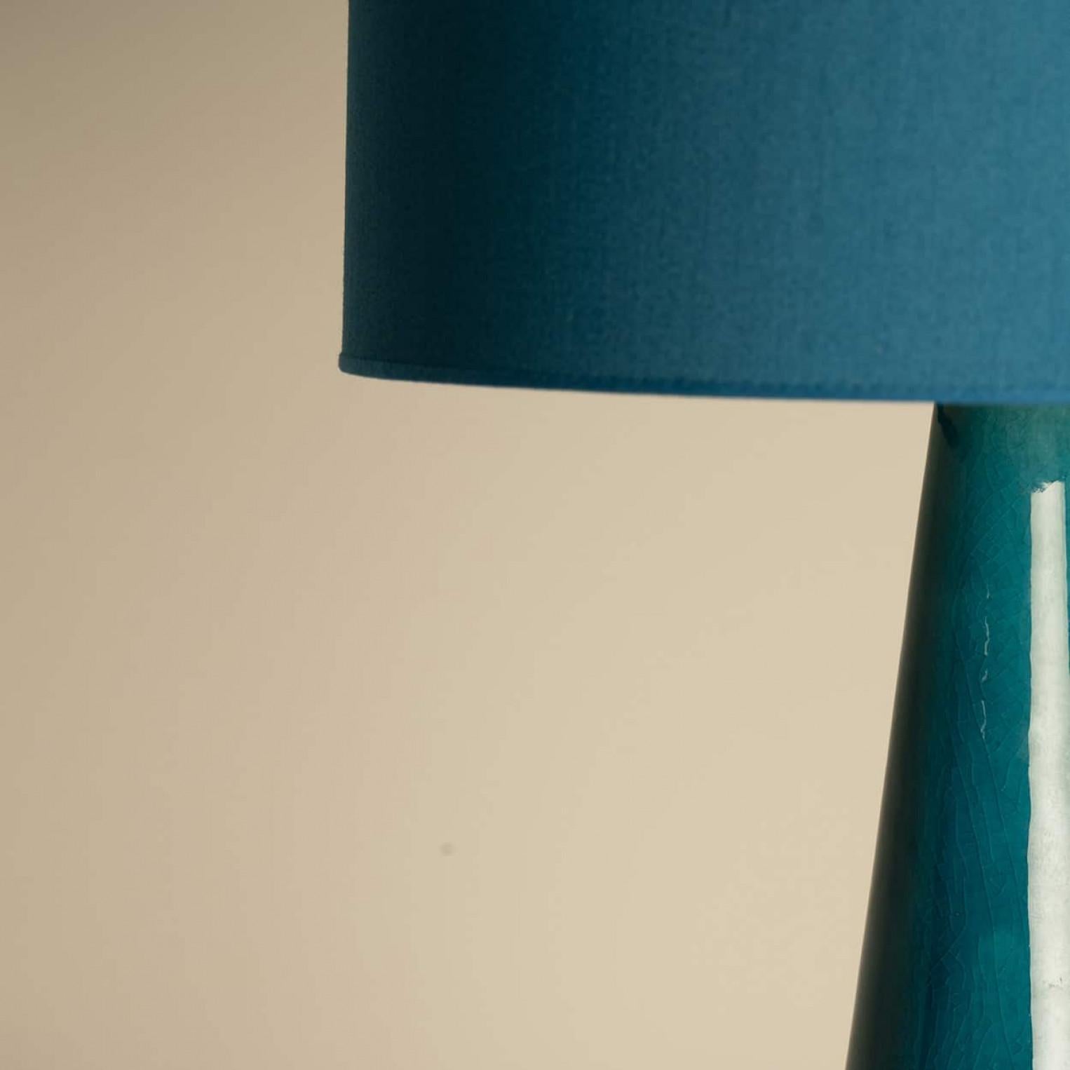 Francese Aqua and Brown Ceramic Table Lamp, Silk Blue Lampshade by R. Houben, 1950 in vendita