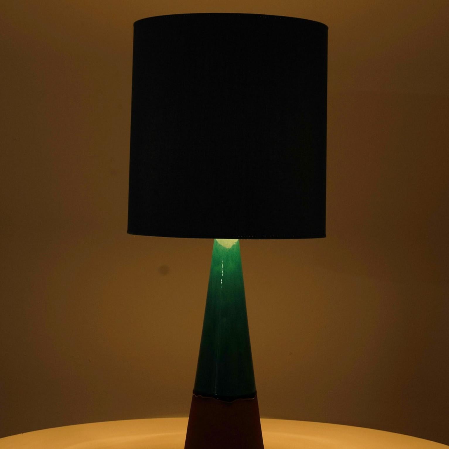 Ceramica Aqua and Brown Ceramic Table Lamp, Silk Blue Lampshade by R. Houben, 1950 in vendita