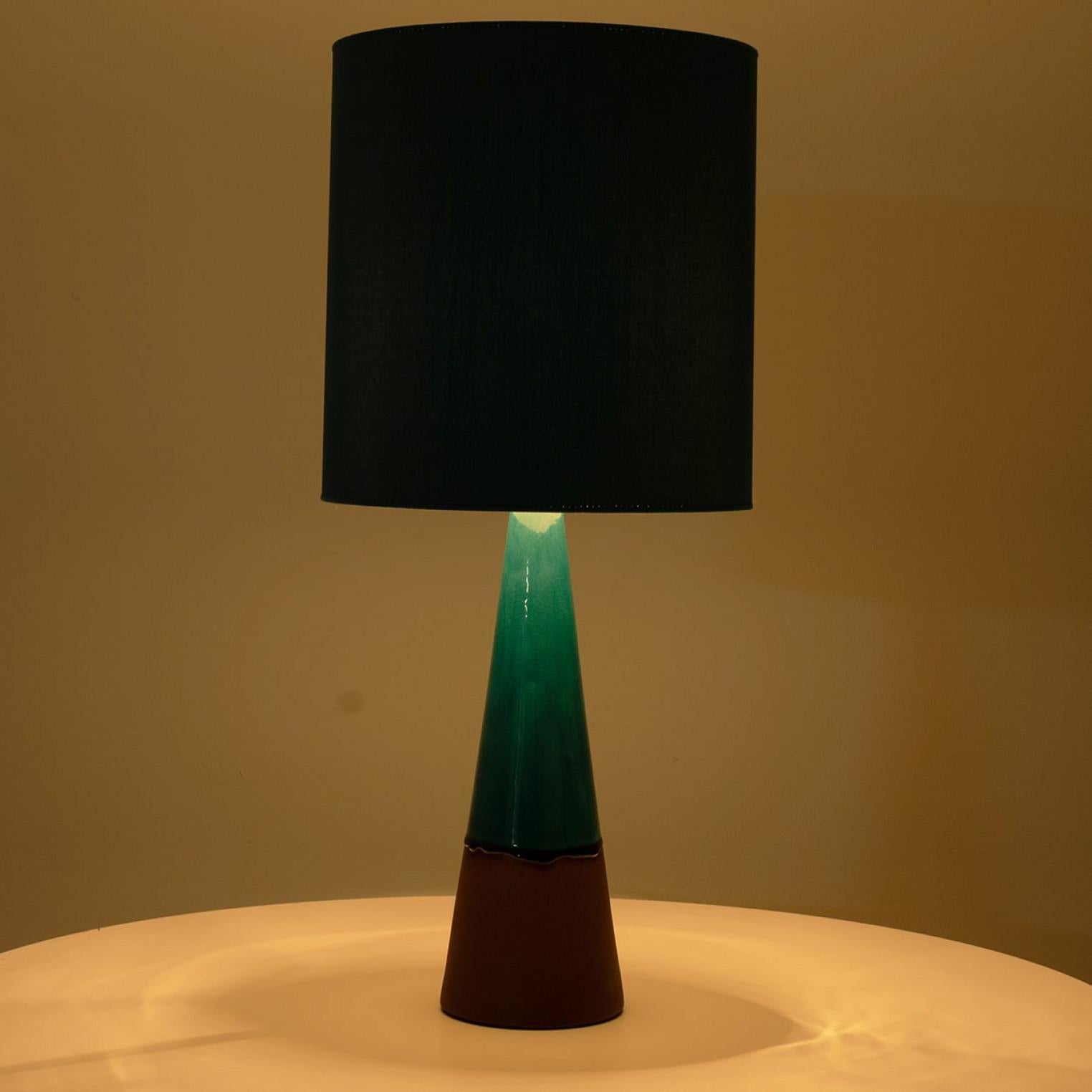 Aqua and Brown Ceramic Table Lamp, Silk Blue Lampshade by R. Houben, 1950 in vendita 1