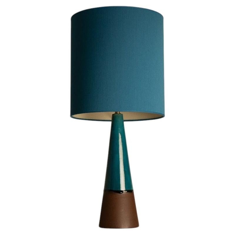 Aqua and Brown Ceramic Table Lamp, Silk Blue Lampshade by R. Houben, 1950