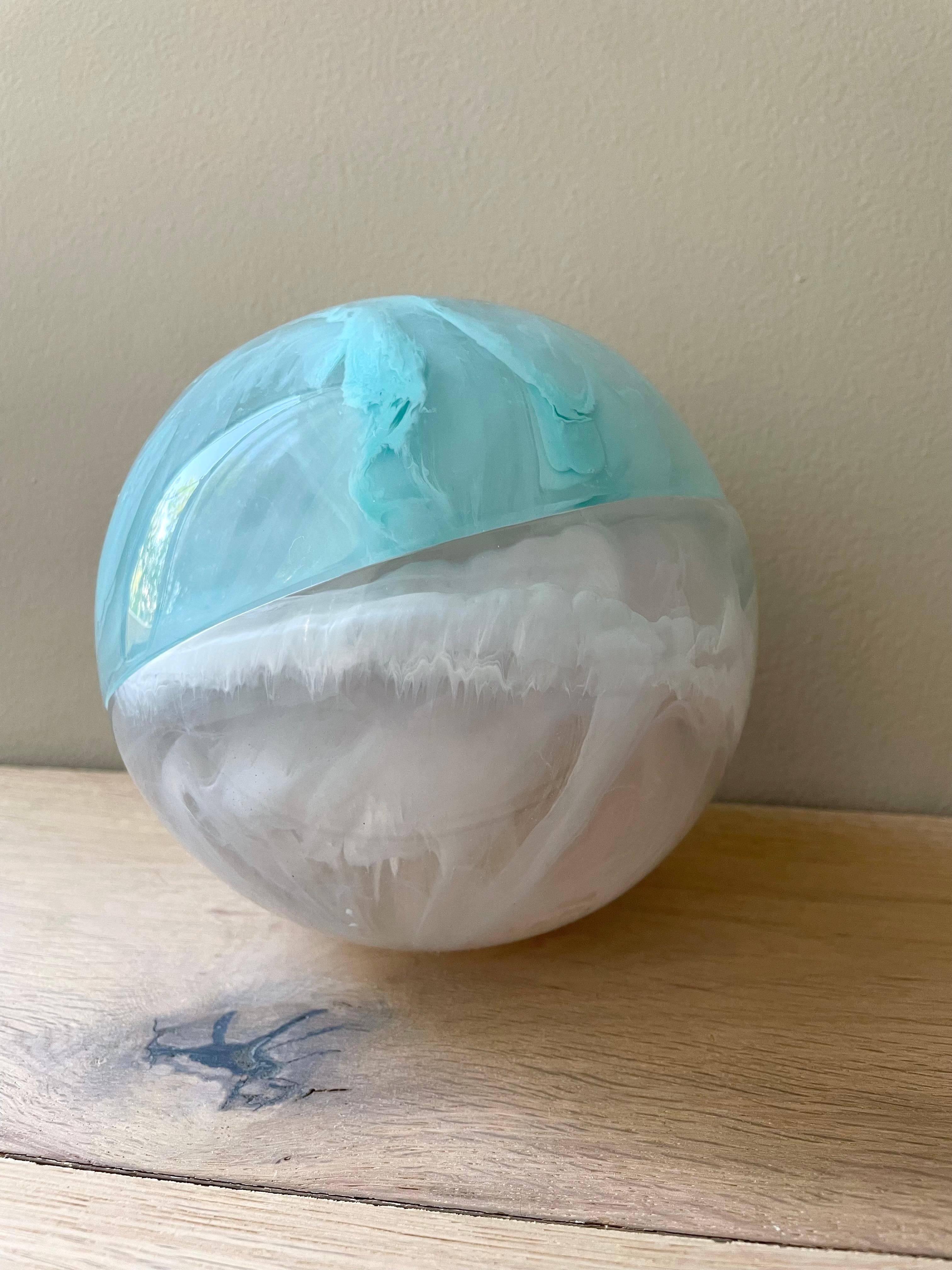 Cast Aqua and Clear Semi Sphere Sculpture in Polished Resin by Paola Valle For Sale