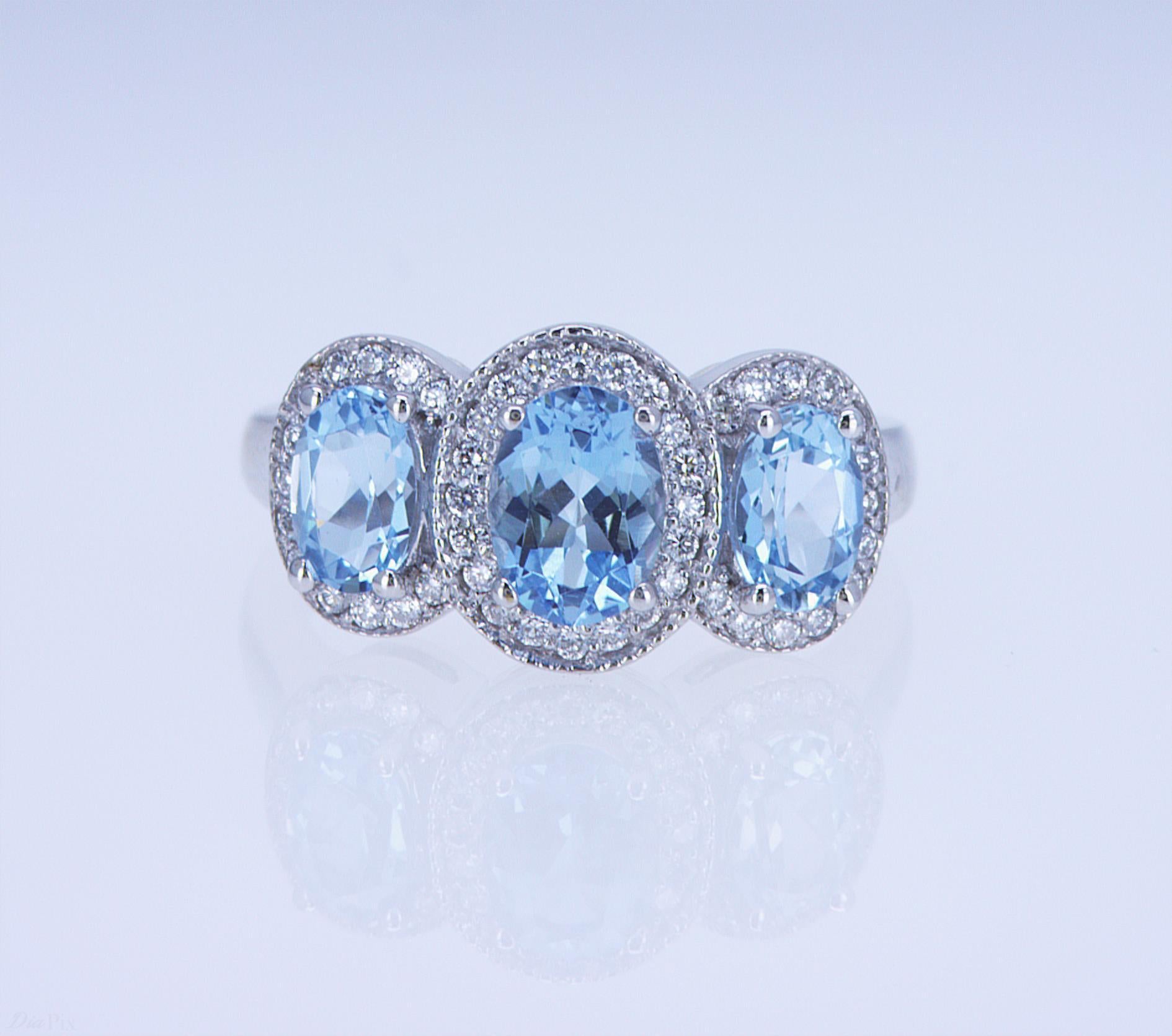 For Sale:  Aqua and Diamond 3-Stone Ring 2