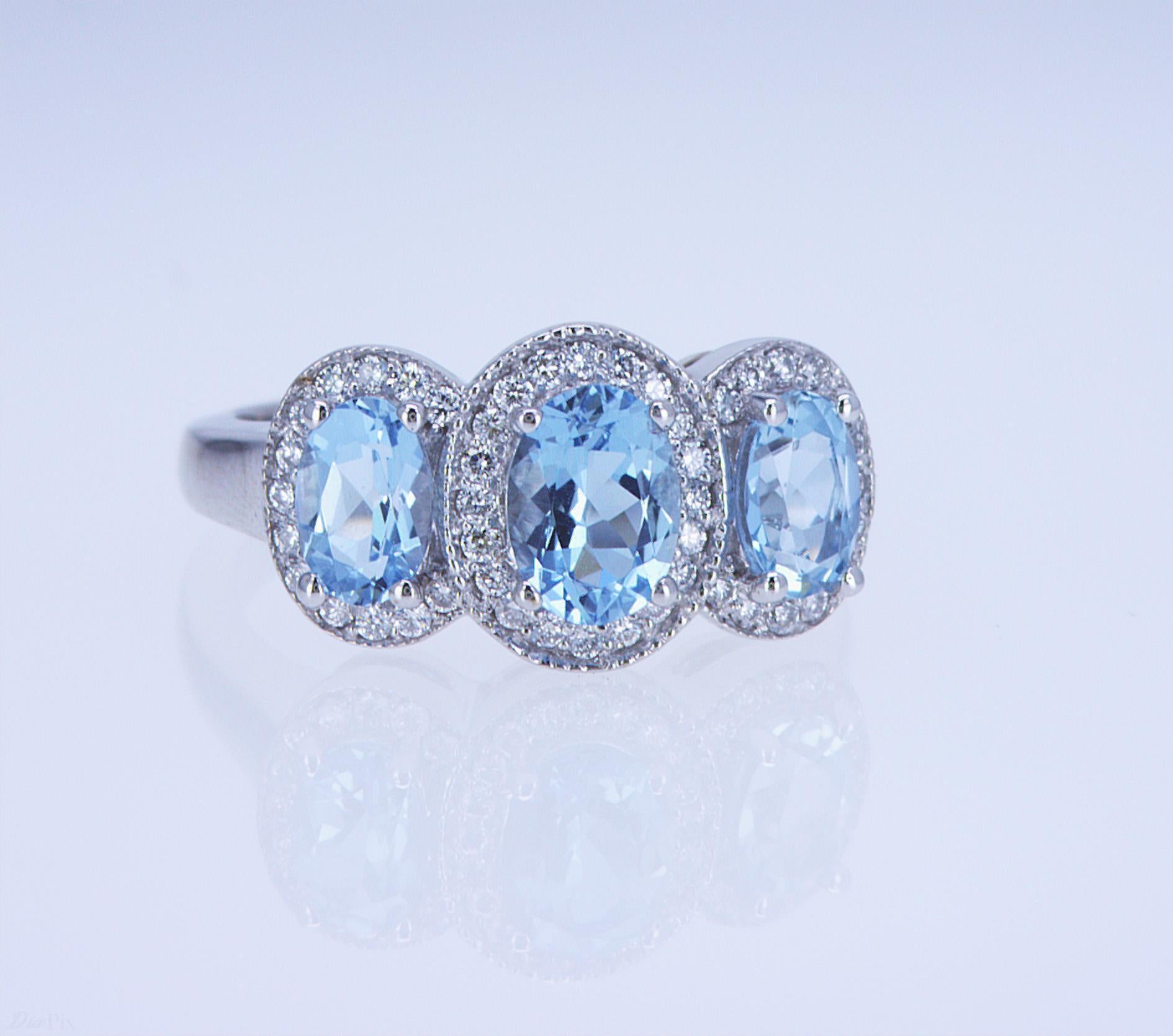 For Sale:  Aqua and Diamond 3-Stone Ring 3