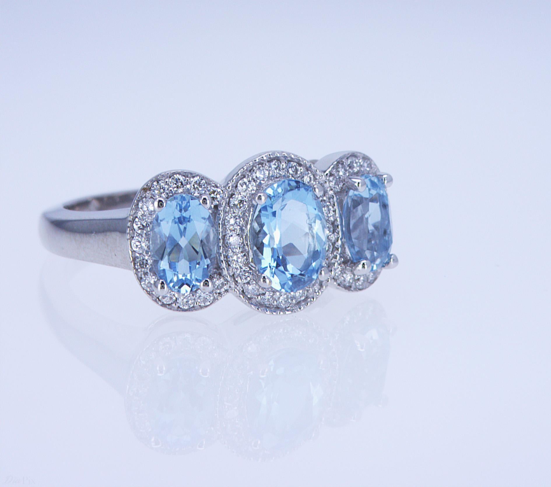 For Sale:  Aqua and Diamond 3-Stone Ring 4