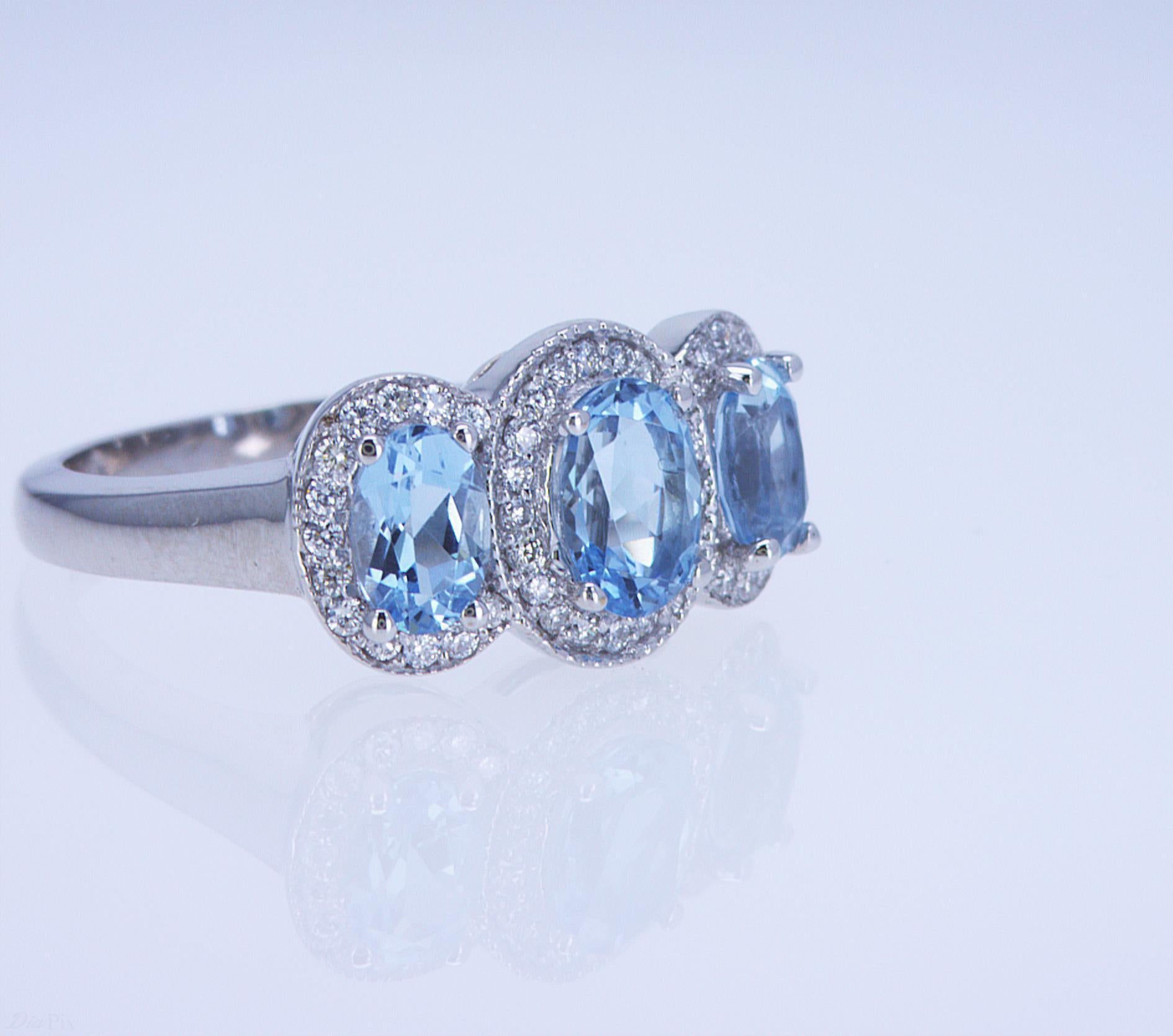 For Sale:  Aqua and Diamond 3-Stone Ring 5