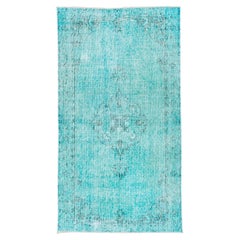 Vintage Aqua and Turquouse Overdyed Sparta Rug, Black Accents, Medallion