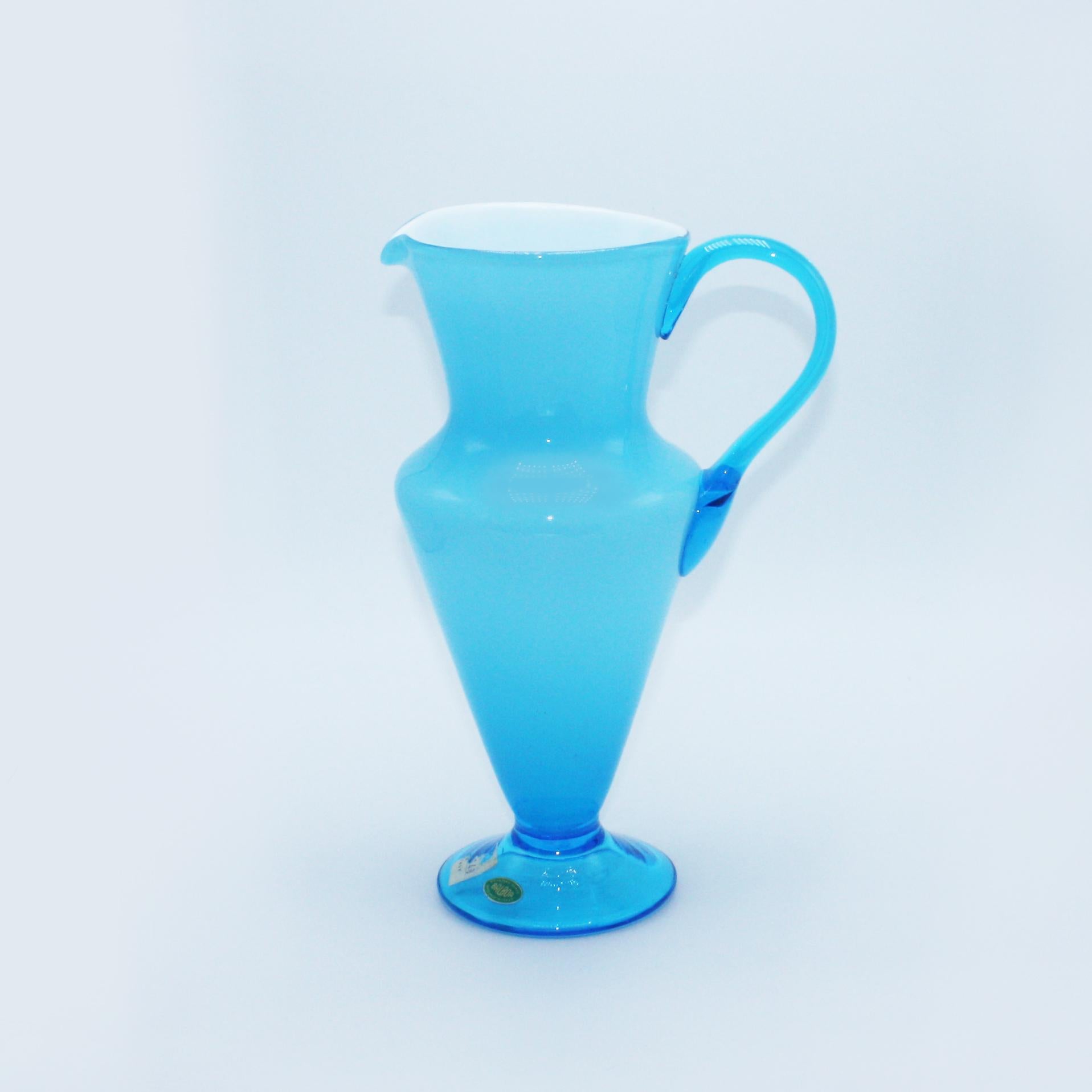 Aqua Balboa white cased Murano glass pitcher, circa 1960.